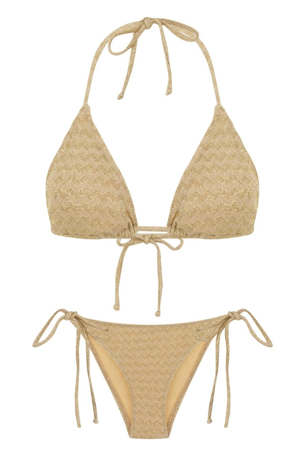 Aquella Triko Gold Simli Üçgen Bikini Takım