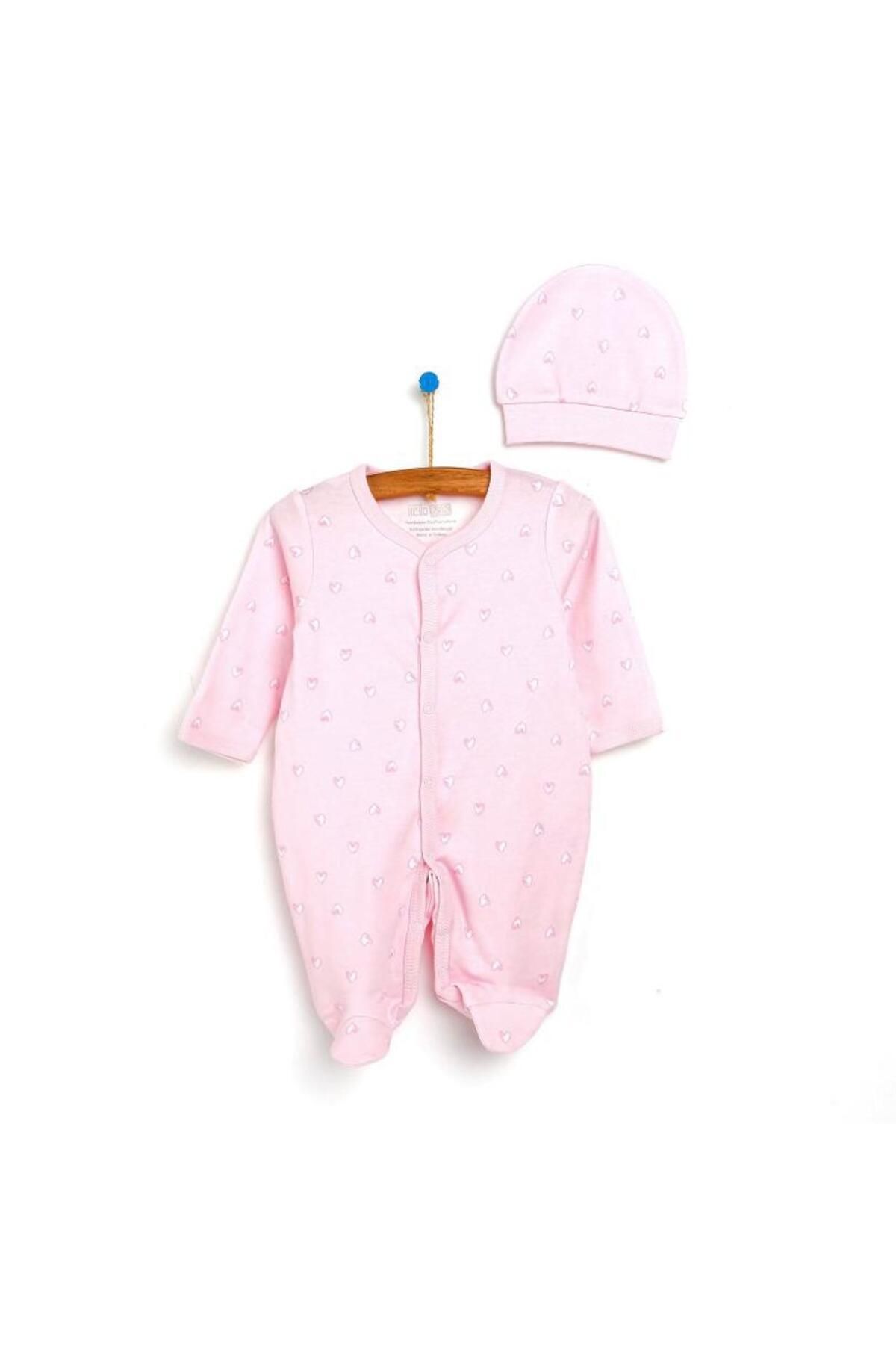 HelloBaby Yeni Doğan Kendinden Eldivenli Kız Bebek Kalpli Tulum-şapka Set