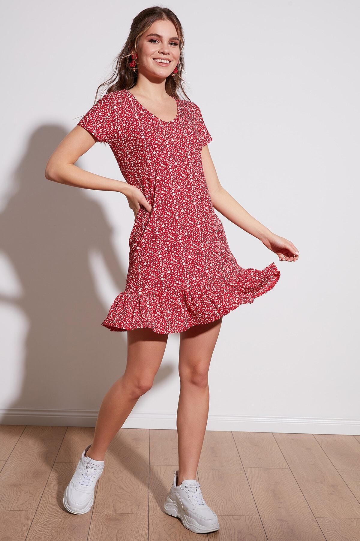 Lela Çiçekli Yuvarlak Yaka Fırfır Detaylı Mini Elbise Bayan Elbise 5863677