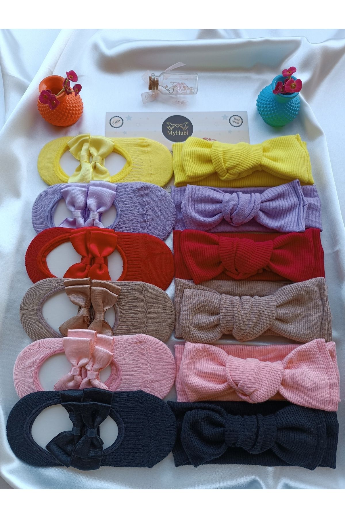 MyHubi 12'li Kombin (KUTULU) El Yapımı Kız Bebek Bandana & Özel Aksesuarlı Babet Çorap