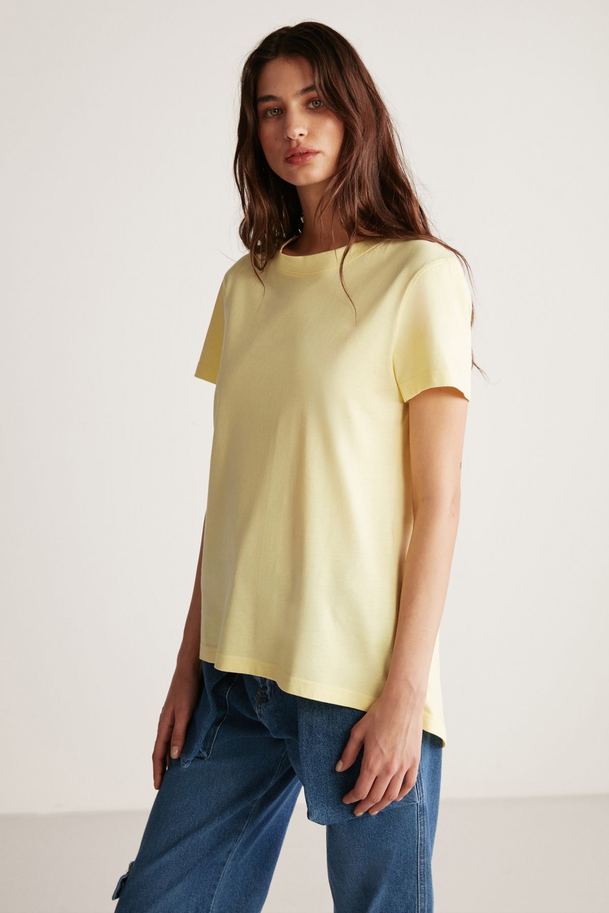 GRIMELANGE Samantha Kadın Bisiklet Yaka %100 Pamuk Açık Sarı T-shirt