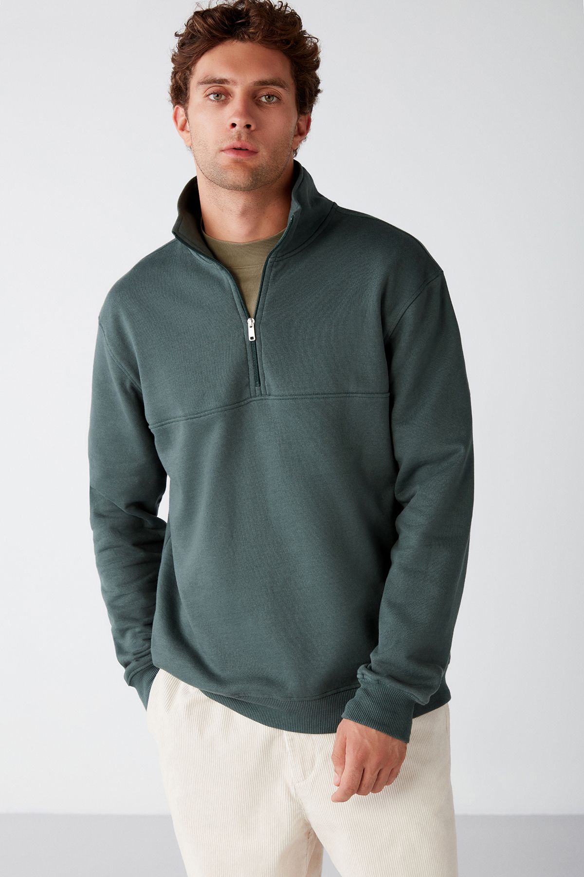 GRIMELANGE Frame Erkek Yarım Fermuarlı Dik Yakalı Yumuşacık Kumaşlı Polarlı Yeşil Sweatshirt