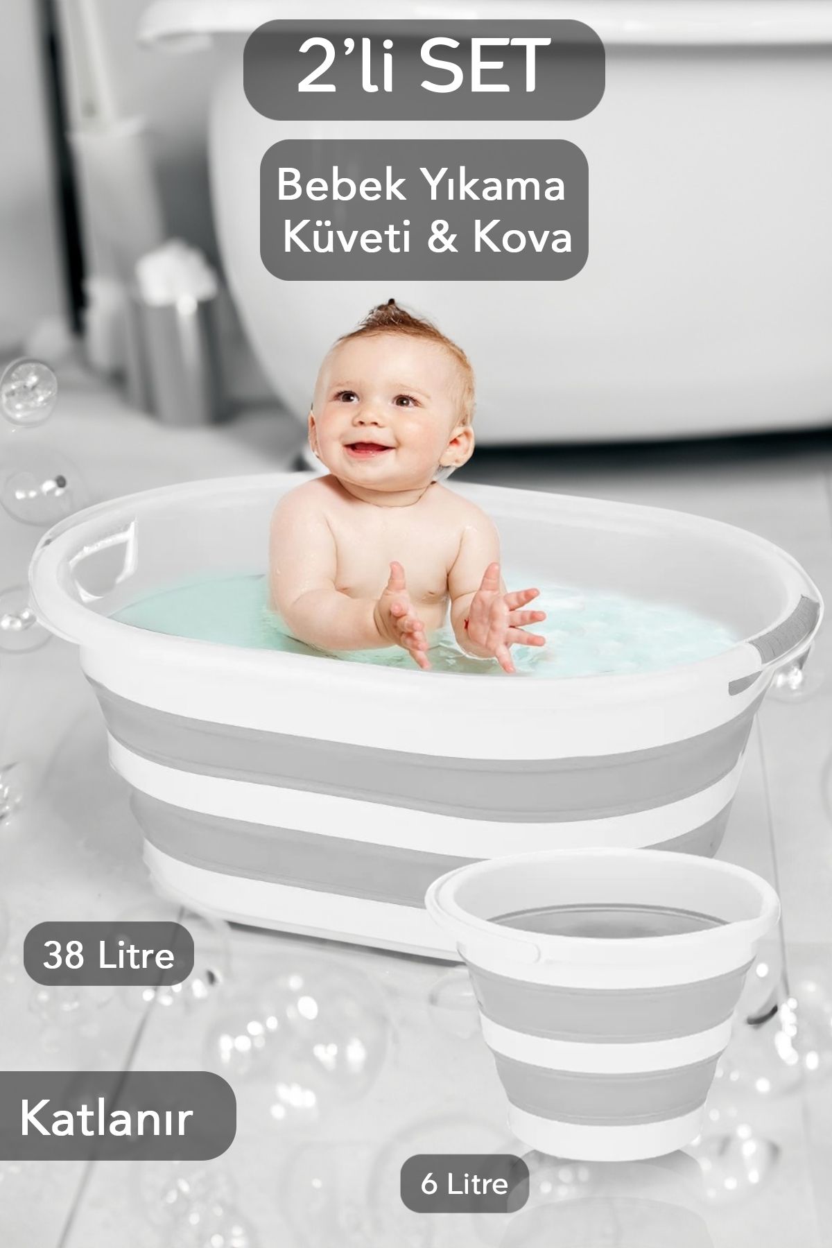 Meleni Baby 2'li Banyo Seti Büyük Boy Katlanır Bebek Yıkama Küveti - Su Kovası Gri