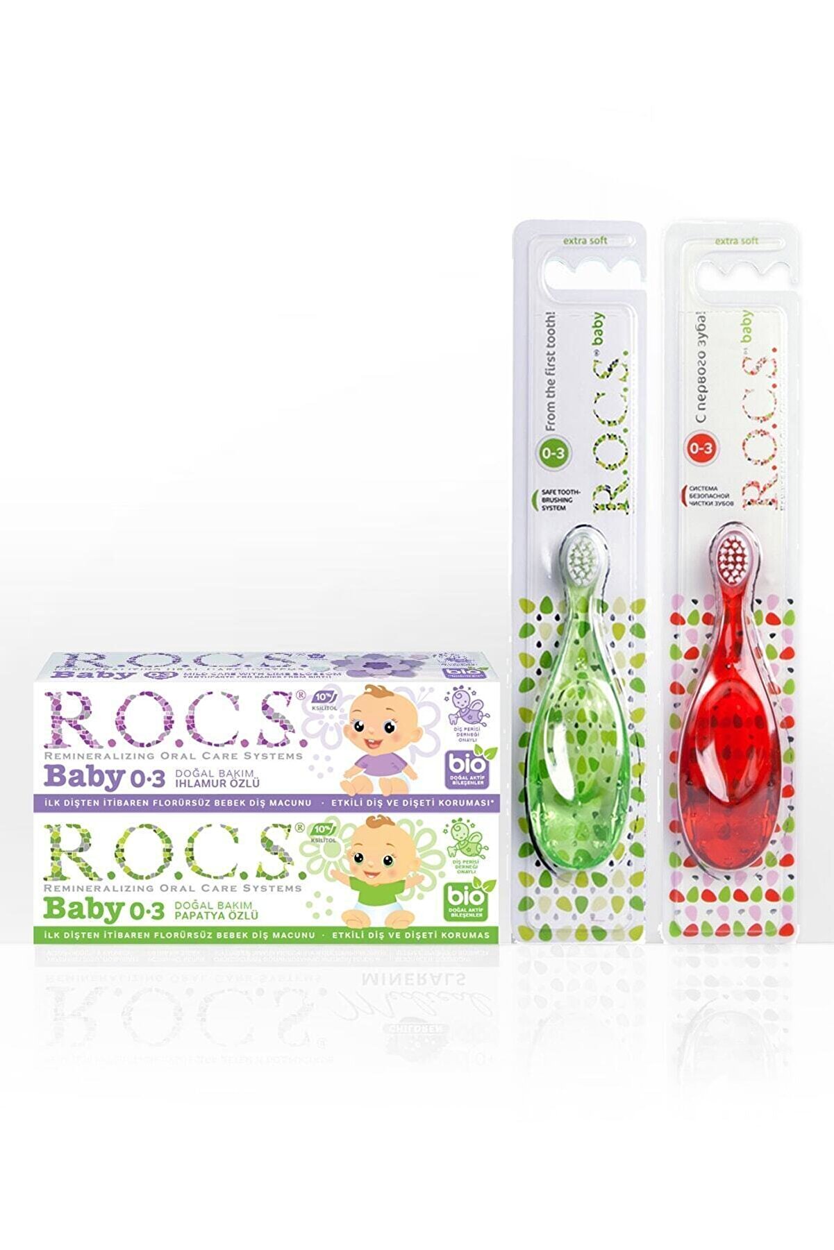 R.O.C.S. Rocs Baby 0-3 Yaş Diş Ağız Bakım Seti - 2 Diş Macunu Ve 2 Diş Fırçası (kırmızı/yeşil)