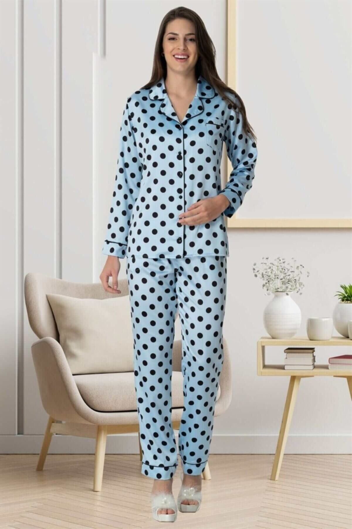 Mecit Pijama Carpediem 1550 Puantiyeli Mavi Saten Lohusa Pijama Takımı