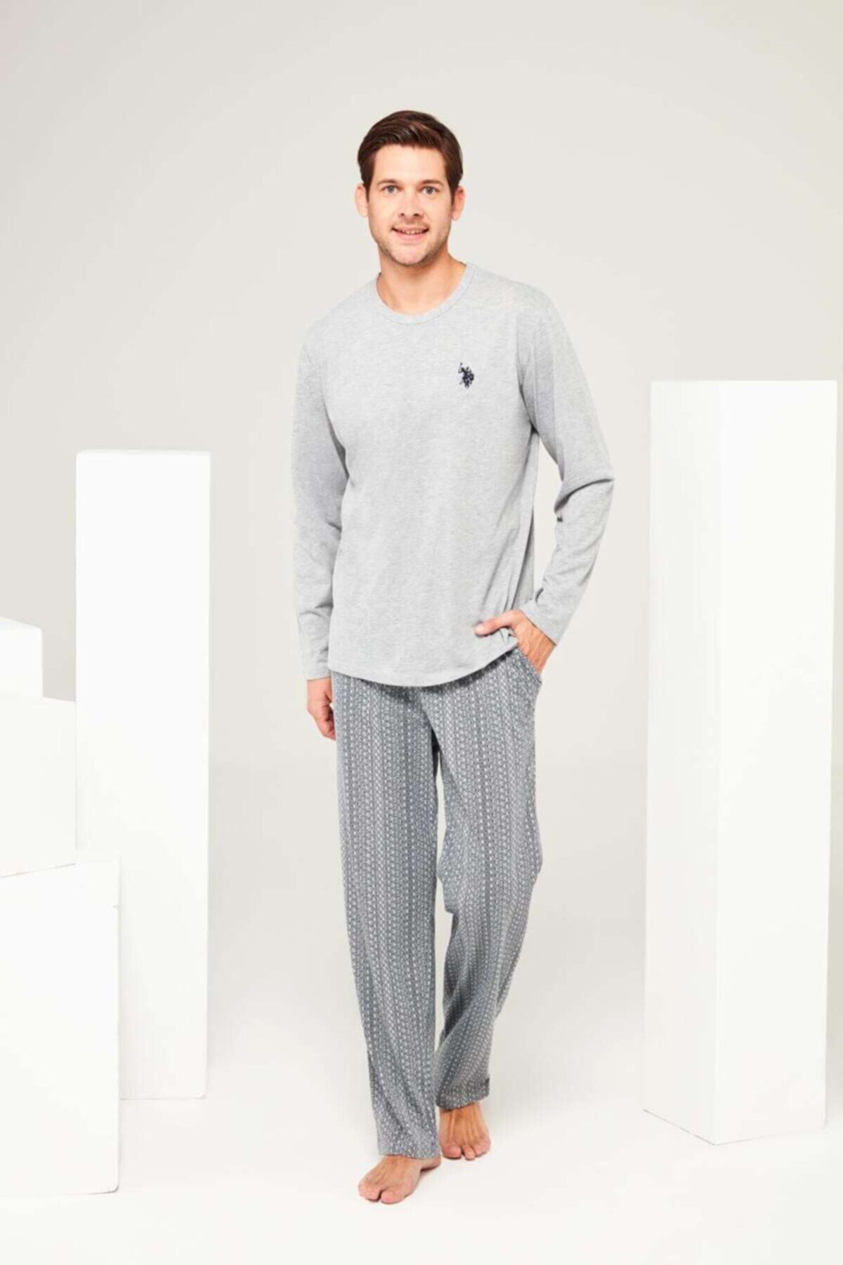 U.S. Polo Assn. Erkek Gri Melanj Yuvarlak Yaka Pijama Takımı