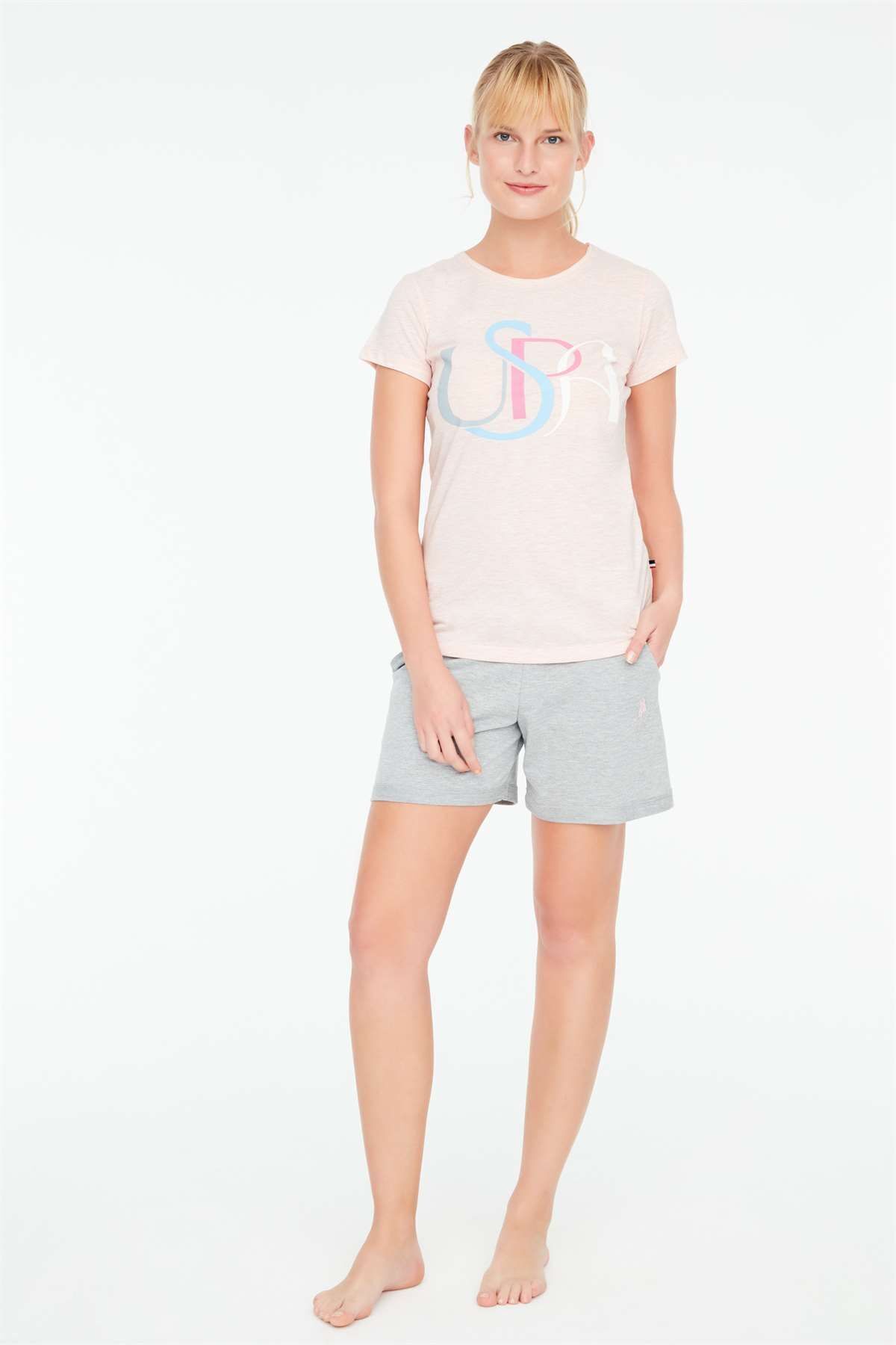 U.S. Polo Assn. - Kadın Pembe Melanj T-shirt Şort Takımı