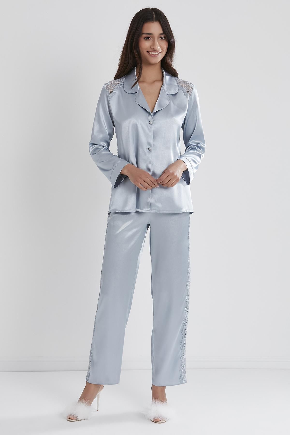 Pierre Cardin Kadın Saten Dantelli Pijama Takımı -1438 Mist