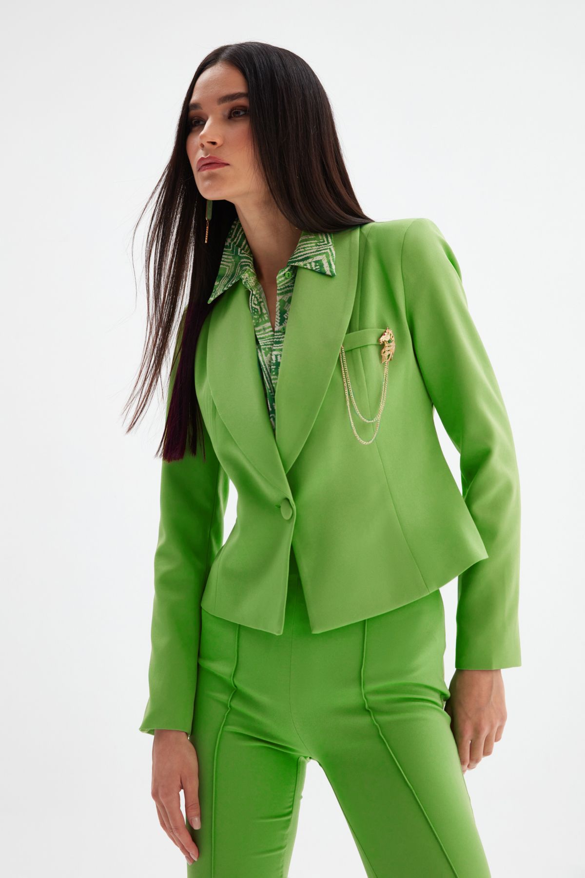 Sateen Broş Detaylı Kısa Ceket - Açık Yeşil