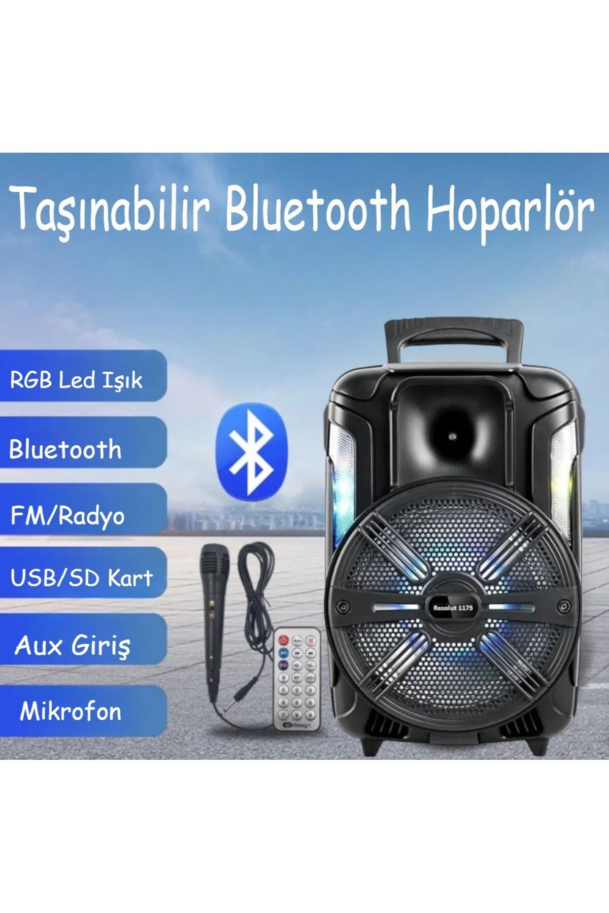 resolut Ledli Bluetooth Parti Hoparlör Karaoke Mikrofonlu Uzaktan Kumandalı Ses Sistemi