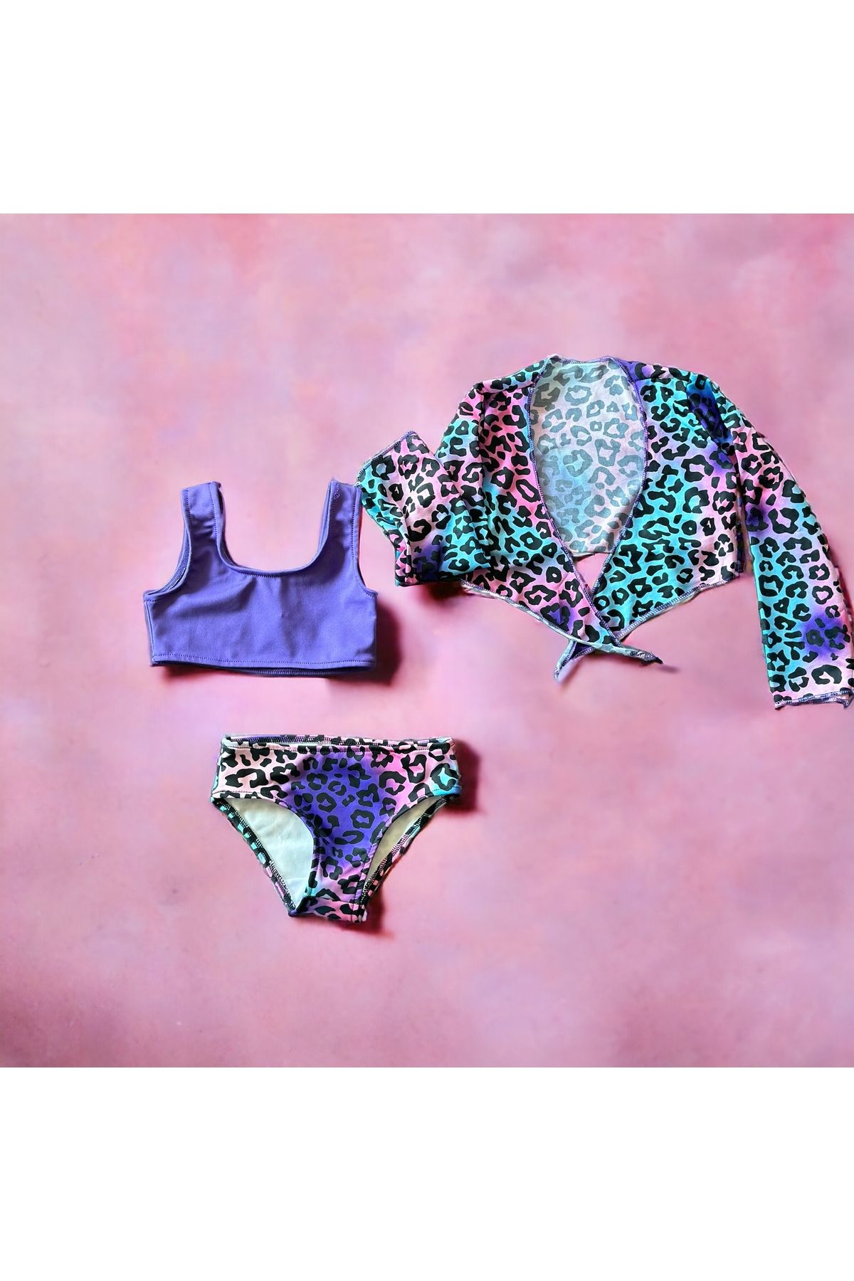 Lolliboomkids Yeni Sezon Kız Çocuk Mor Geçiş Leopar Desen Pareolu Bikini Takımı 3'lü Set