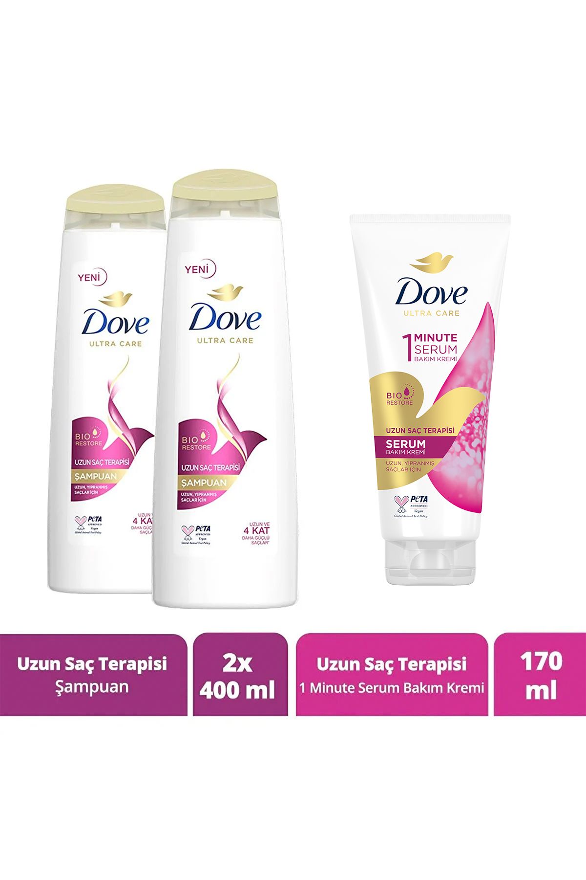 Dove Ultra Care Saç Bakım Şampuanı Uzun Saç Terapisi 400 ml X2 1 Minute Serum Bakım Kremi 170 ml