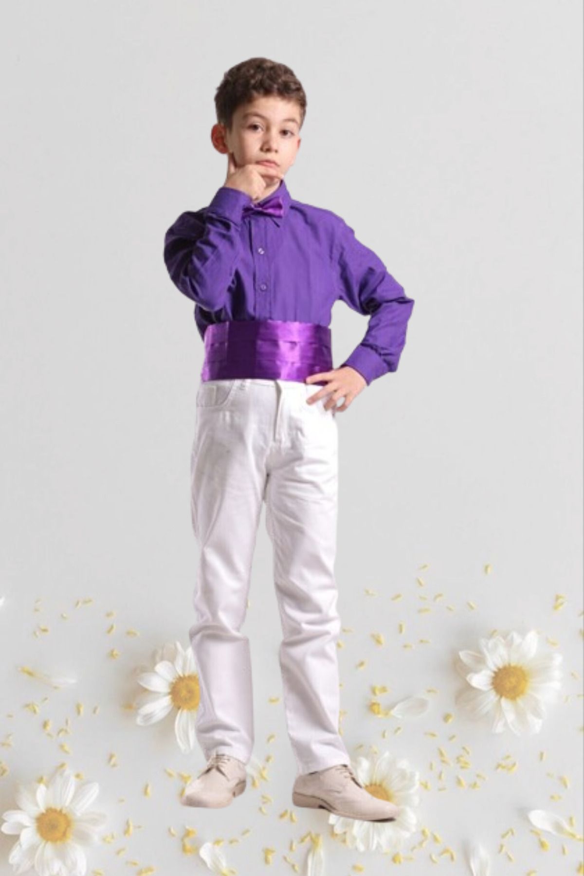 Nacar Erkek Çocuk 23 Nisan Kıyafeti Kostüm Pantolon Uzun Kol Gömlek Papyon Kuşak Mor Takım 024