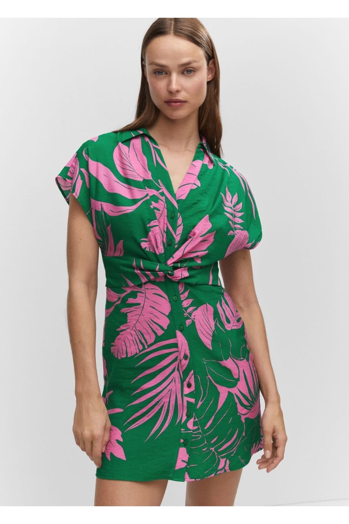 MANGO Tropikal Gömlek Yakalı Elbise