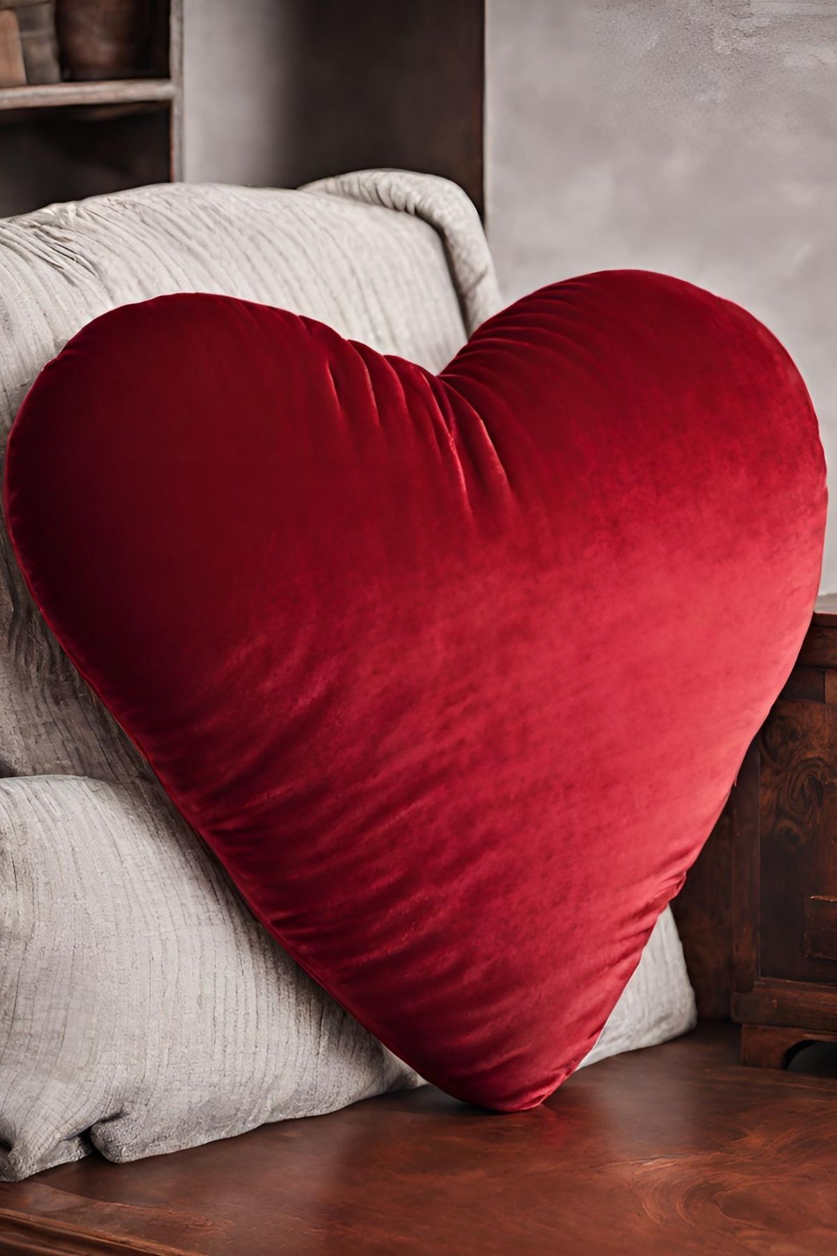Elyaf Sepeti Kırmızı Kalpli Kadife Yastık Sevgililer Günü Hediyesi Romantik Kalpli Yastık Kırmızı 60x60 Cm