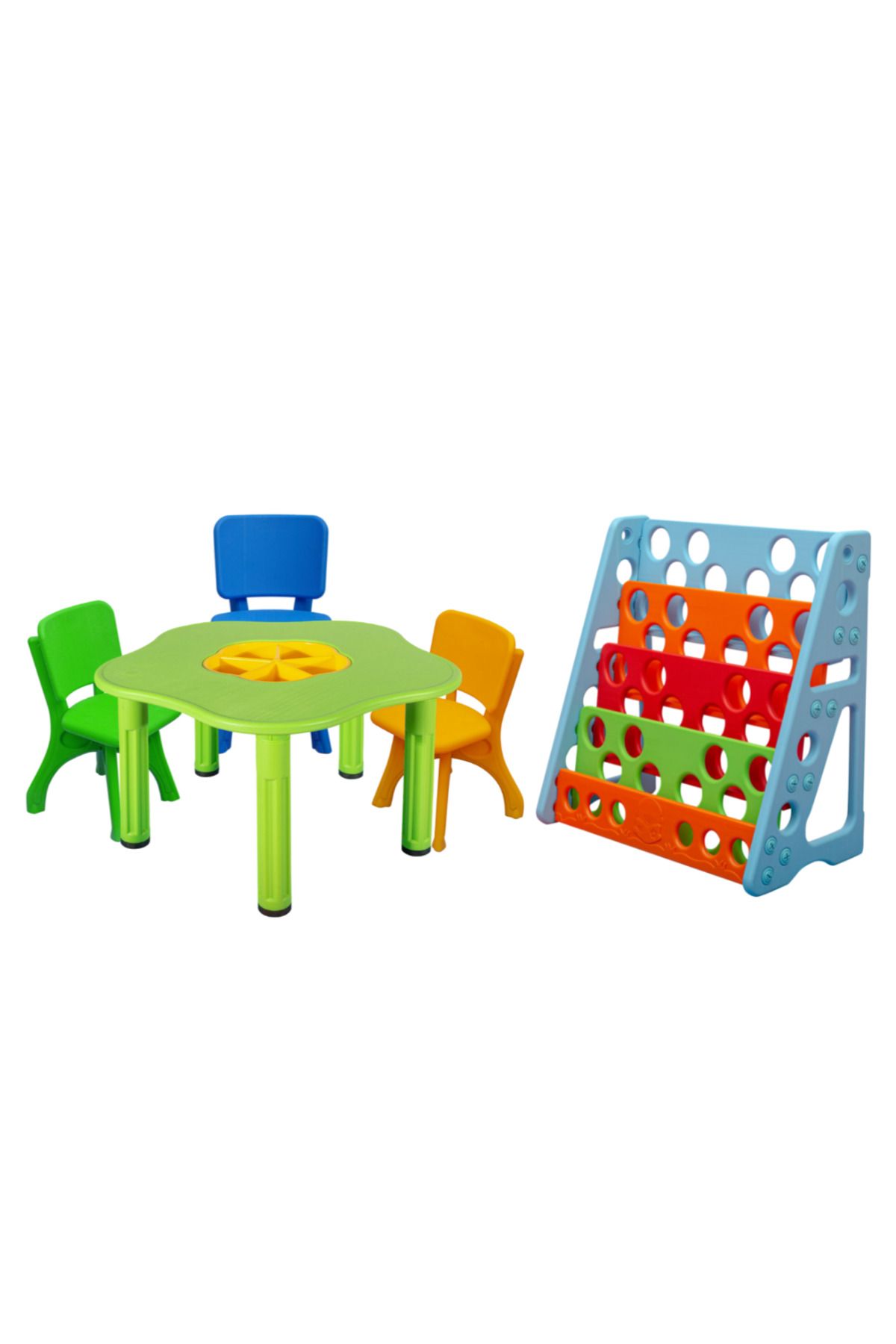 ÇIRAK Çocuk Aktivite Masası - Renkli Sandalyeler ve Renkli Kitaplık - Büyük Masa Set - Anaokulu - Kreş