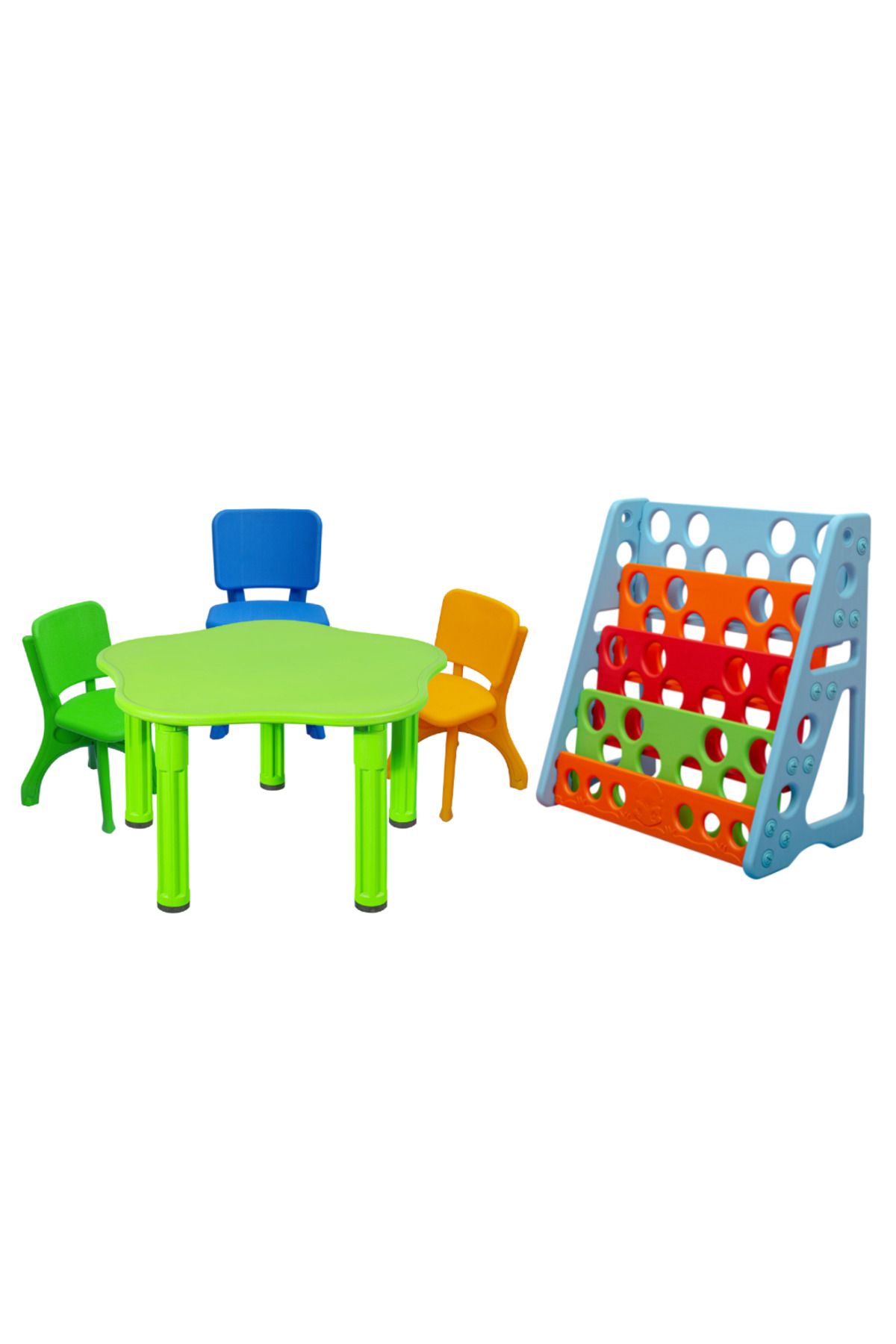 ÇIRAK Çocuk Aktivite Masası - Renkli Sandalyeler ve Renkli Kitaplık - Büyük Masa Set - Anaokulu - Kreş M2