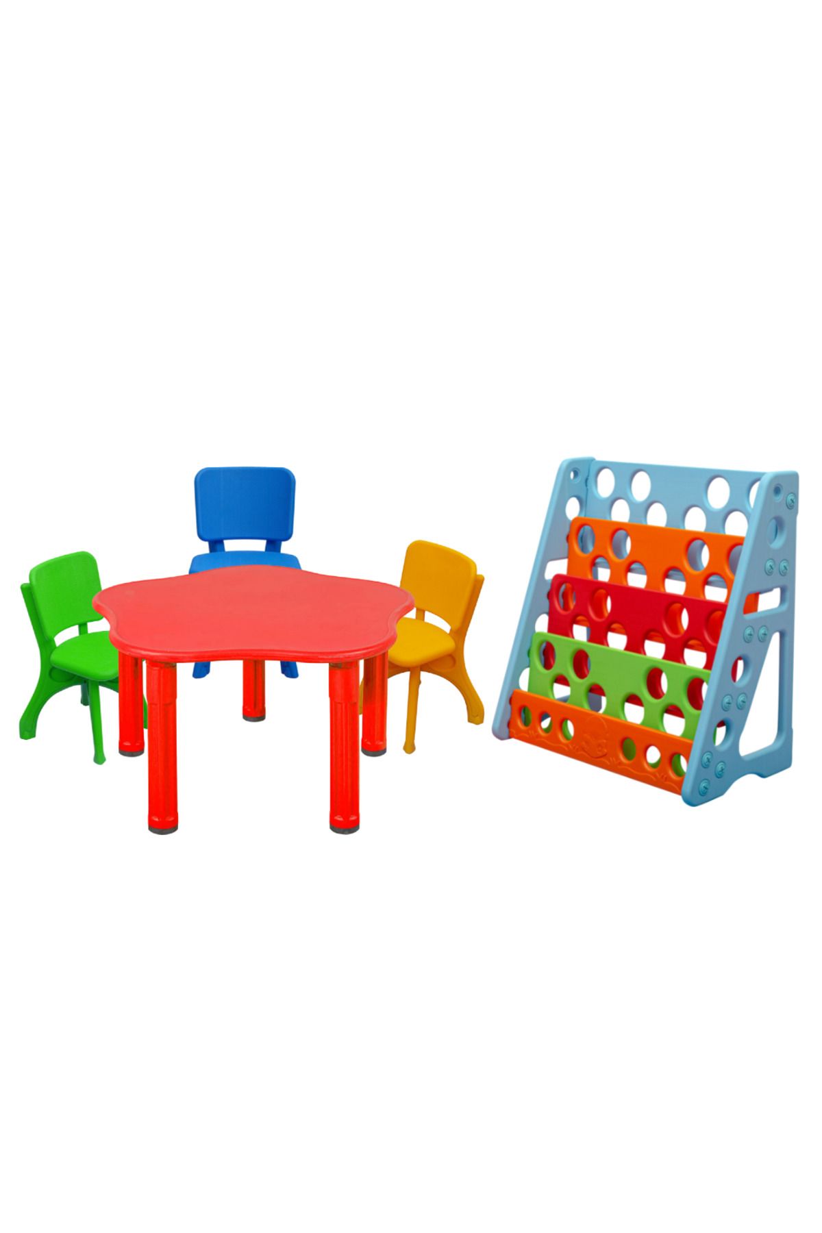 ÇIRAK Çocuk Aktivite Masası - Renkli Sandalyeler ve Renkli Kitaplık - Büyük Masa Set - Anaokulu - Kreş M2
