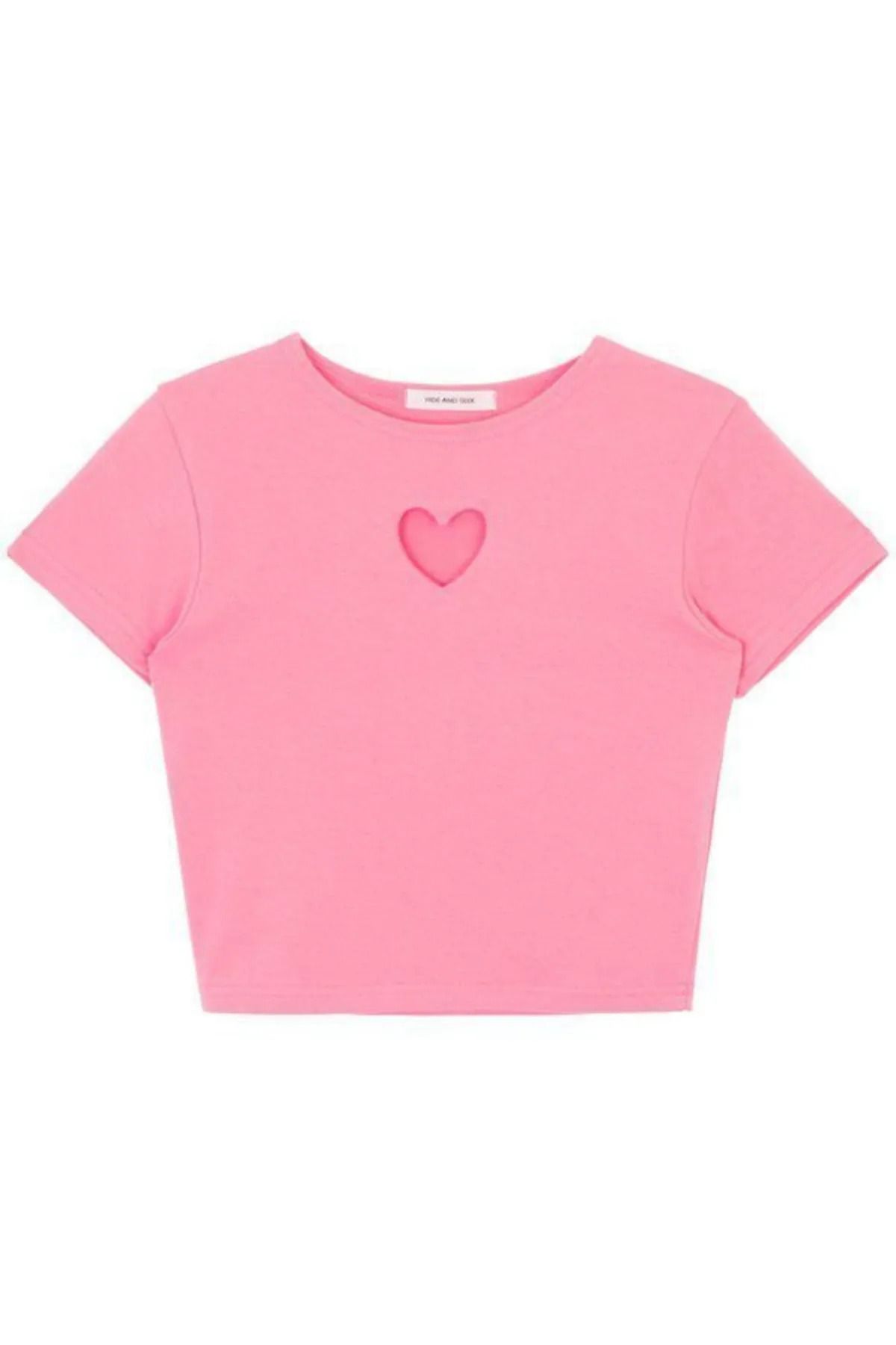 Gofeel Harajuku Küçük Pembe Kalp Detaylı Yarım T-shirt Crop Bluz