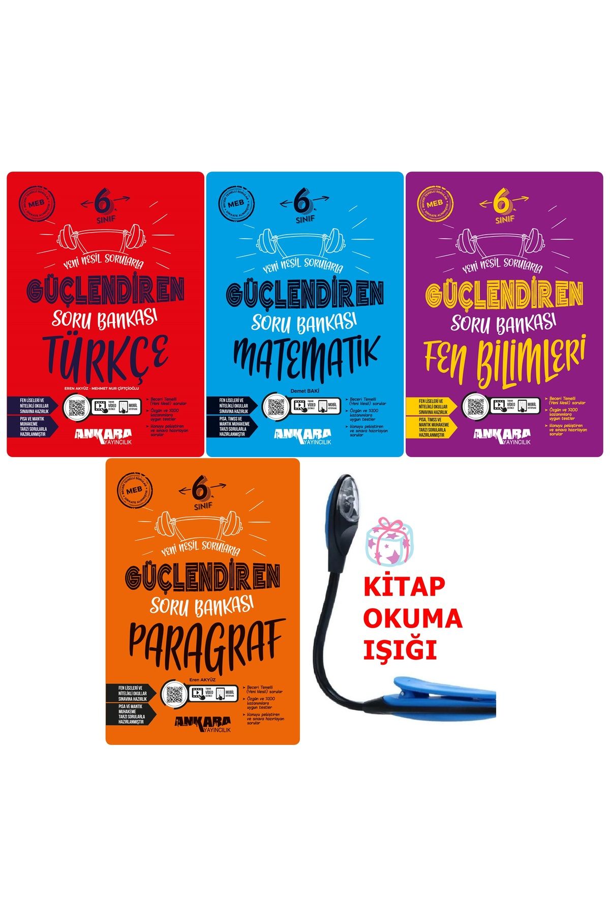 Ankara Yayıncılık 6 Sınıf Türkçe-Matematik-Fen-Paragraf Güçlendiren Soru Bankası + Kitap Okuma Işığı