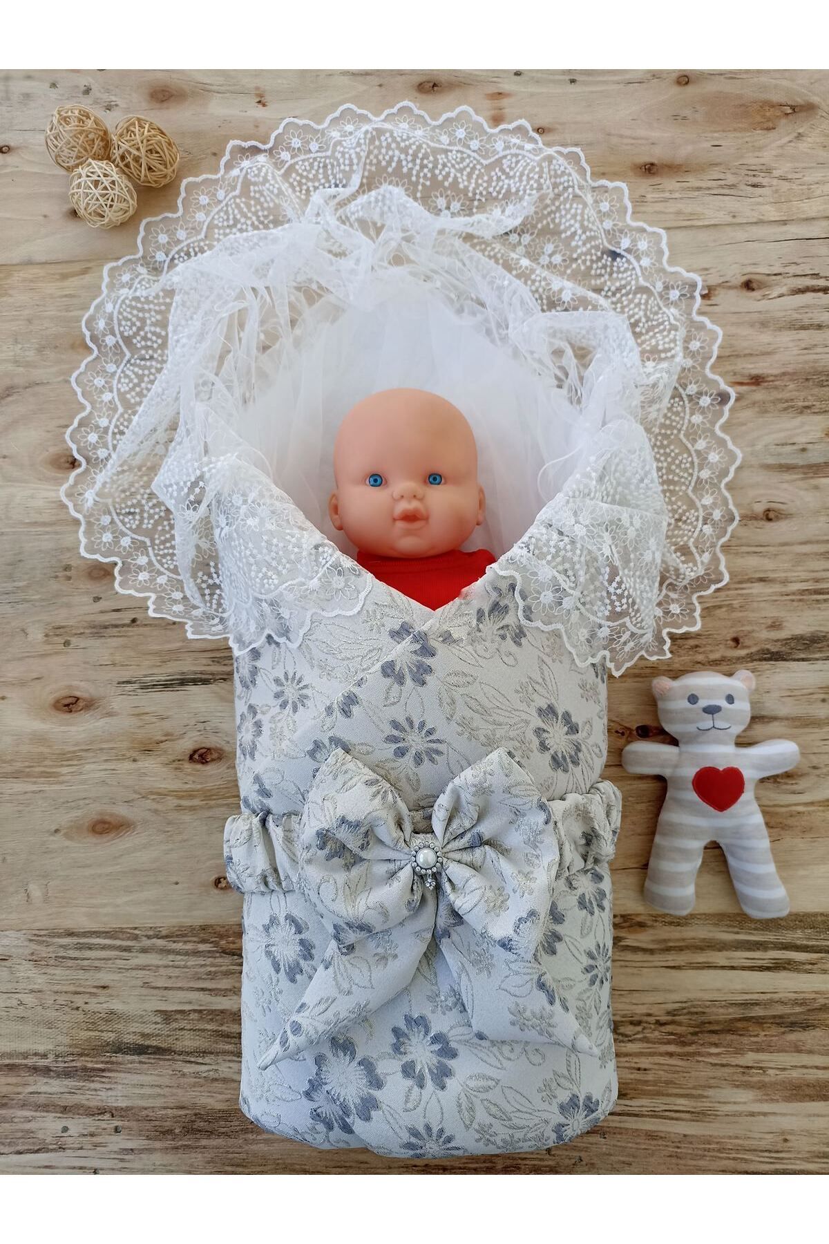SMK Shop Yenidoğan Gül Sedefli Duvaklı Taş Fiyonk Erkek Bebek Kumru Kundak Bebek Battaniyesi