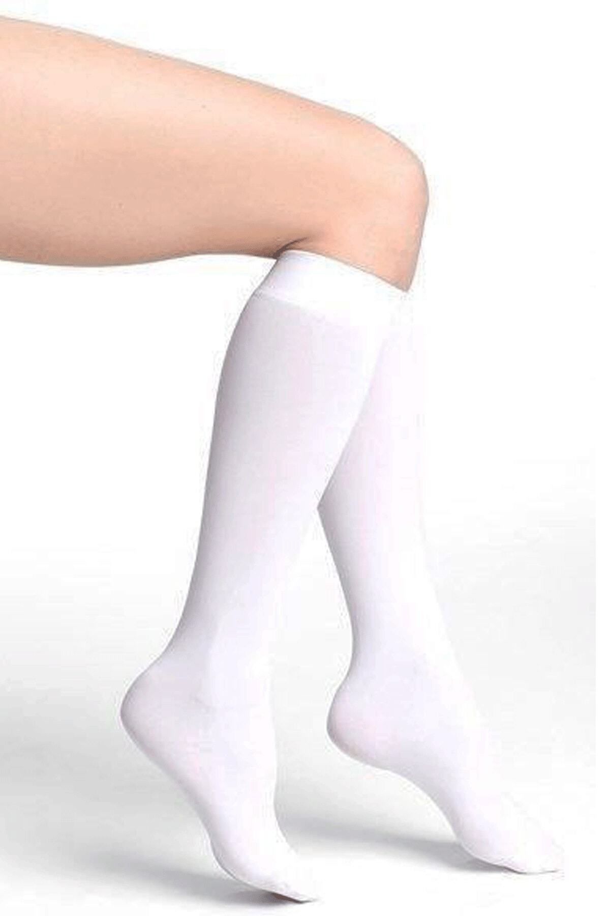 Design Socks Kadın Düz Beyaz Pamuklu Diz Altı Çorap - Desen Çorap