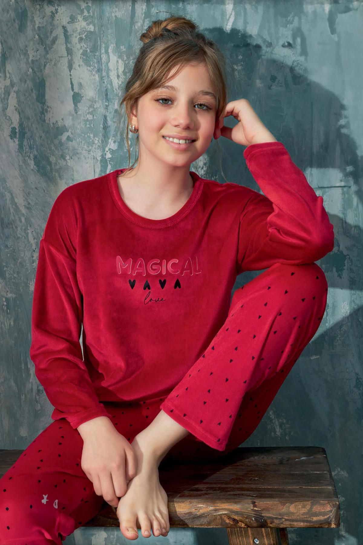 cotonhause Kız Çocuk Uzun Kol Kadife Kırmızı Pijama Takım