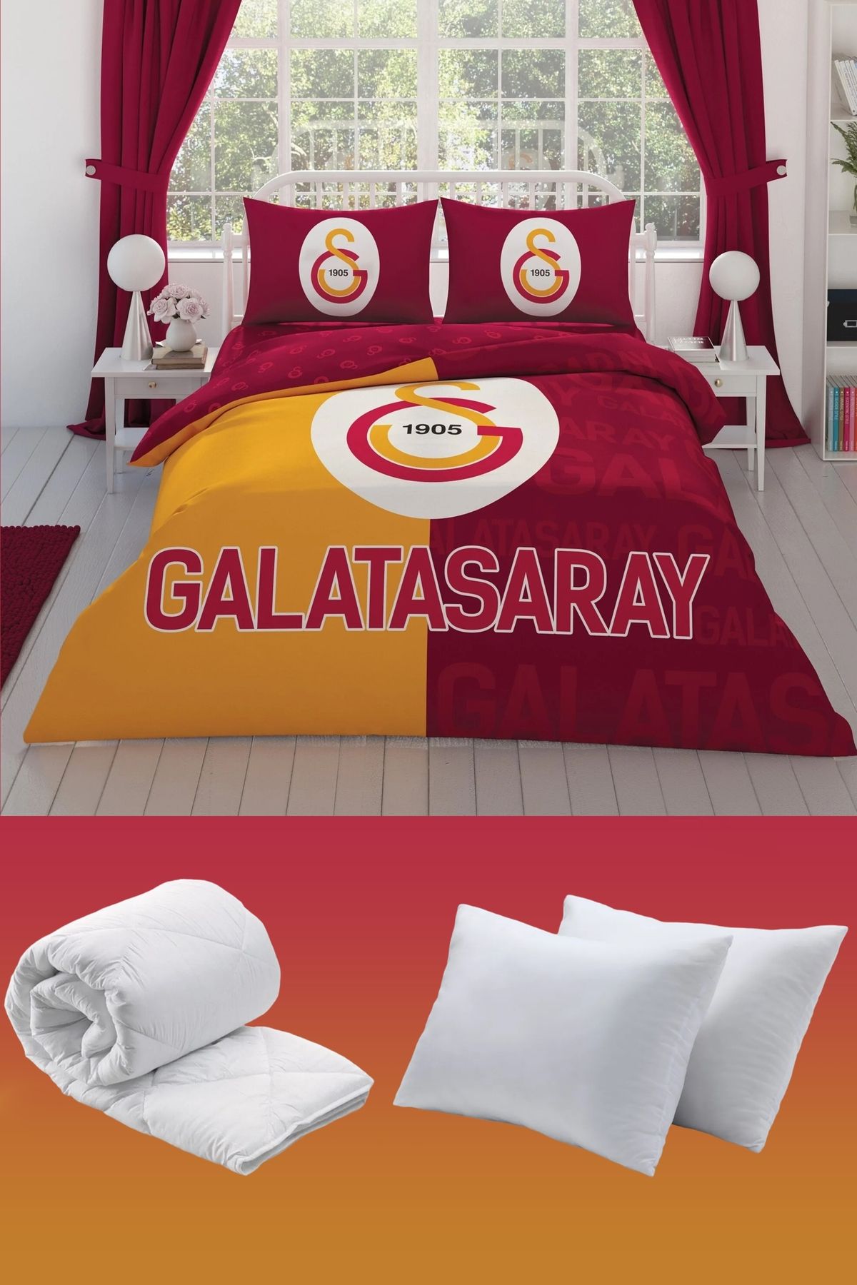 Taç Galatasaray Parçalı Logo Çift Kişilik 7 Parça Yatak Seti - Nevresim Takımı + Yorgan + Yastık
