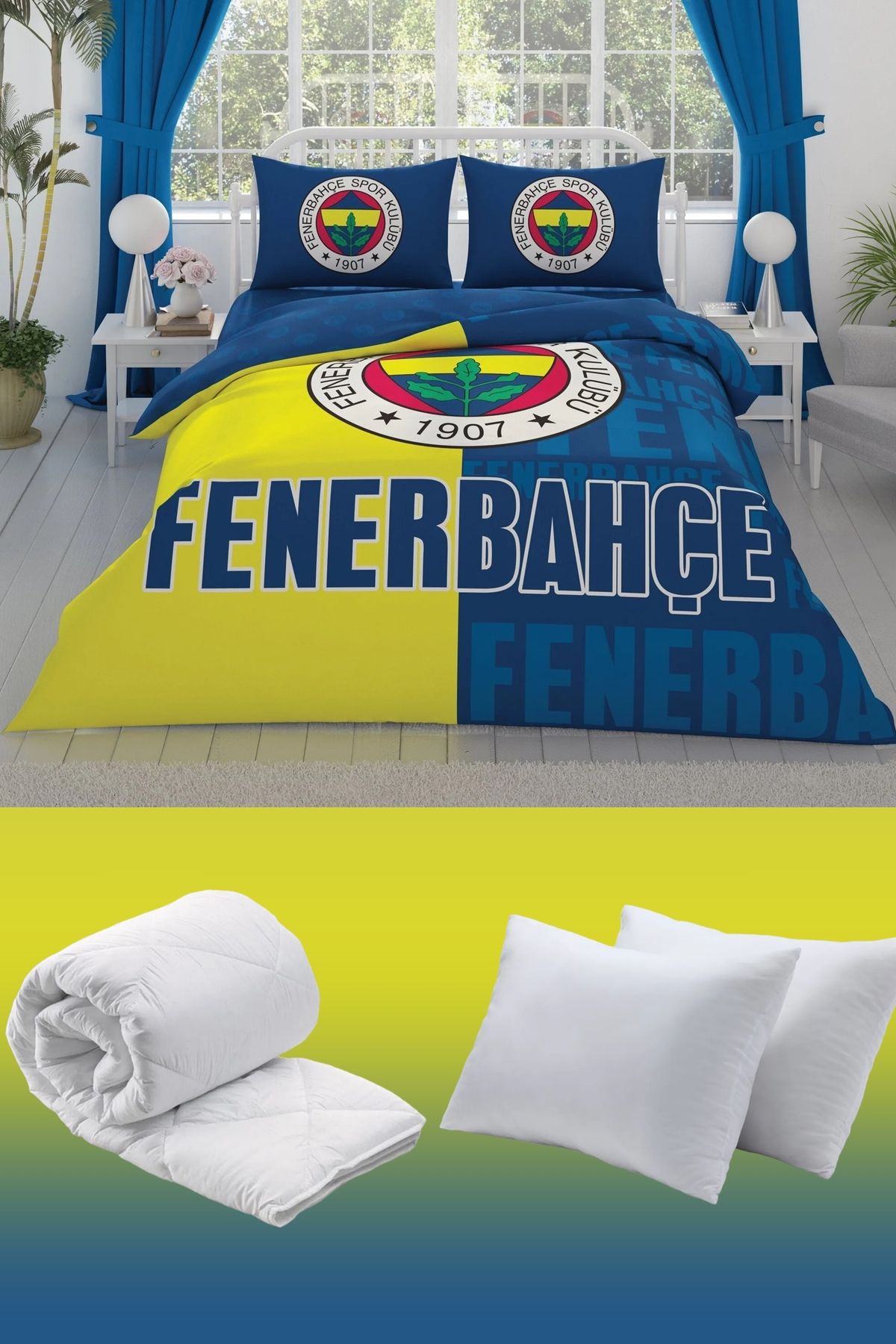 Taç Fenerbahçe Parçalı Logo Çift Kişilik 7 Parça Yatak Seti - Nevresim Takımı + Yorgan + 2'li Yastık