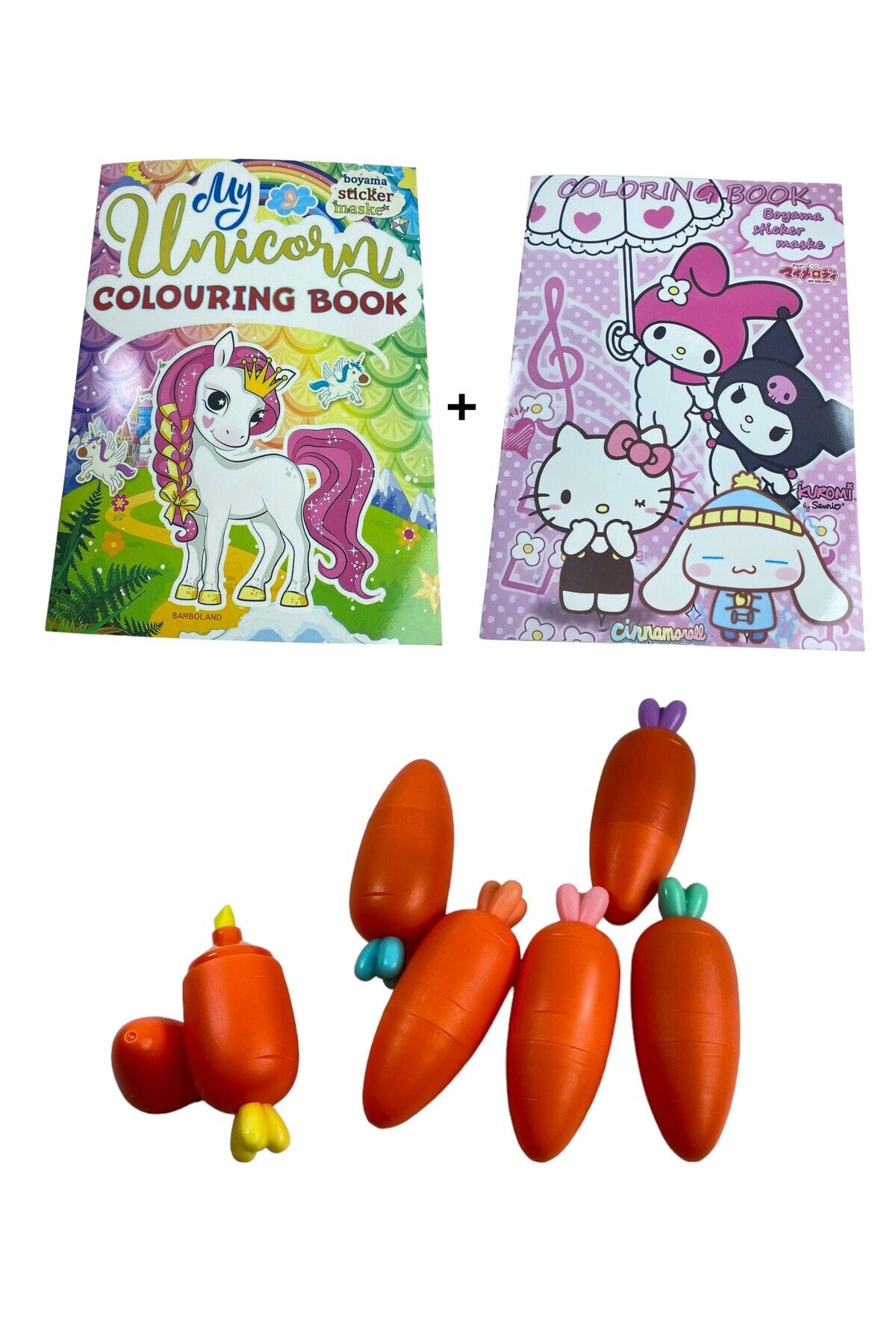 LAVİER 2 Adet Boyama Kitabı Unicorn Ve Hello Kitty Set- 6'lı Fosforlu Havuç Kalem Seti