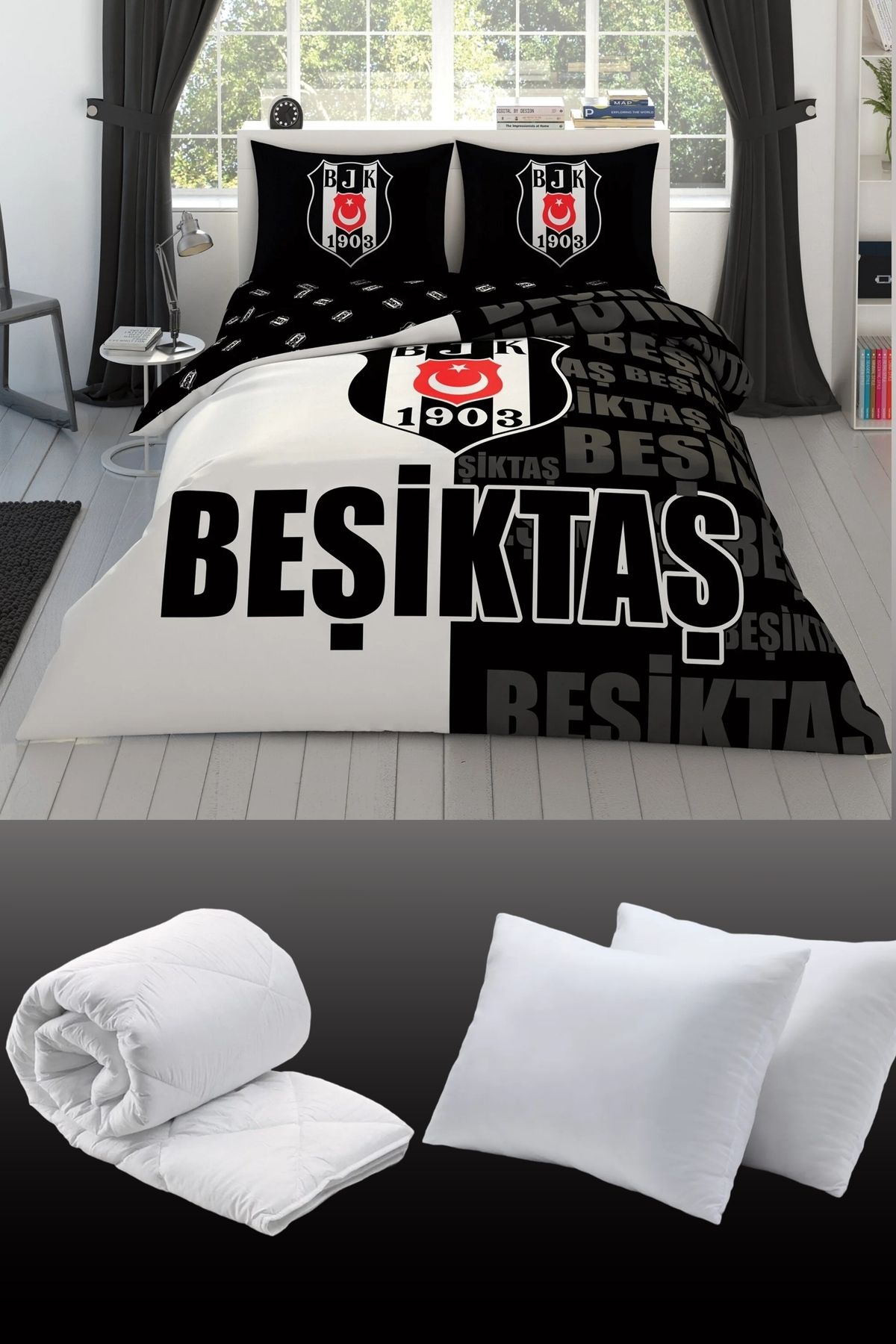 Taç Beşiktaş Parçalı Logo Çift Kişilik 7 Parça Yatak Seti - Nevresim Takımı + Yorgan + 2'li Yastık