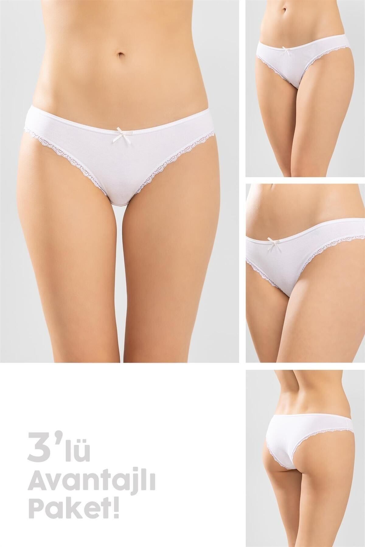 BAYKAR Klasik Pamuklu Kenarları Güpürlü Bikini Kesim Kadın Külot 3lü Paket Beyaz