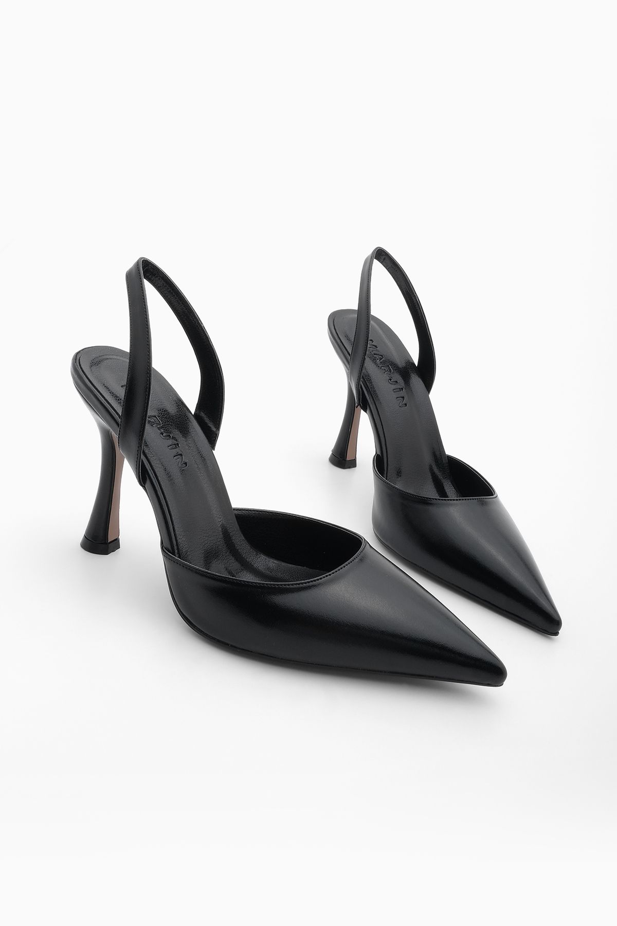Marjin Kadın Sivri Burun Arkası Açık Atkılı Klasik Topuklu Ayakkabı Mizay Siyah