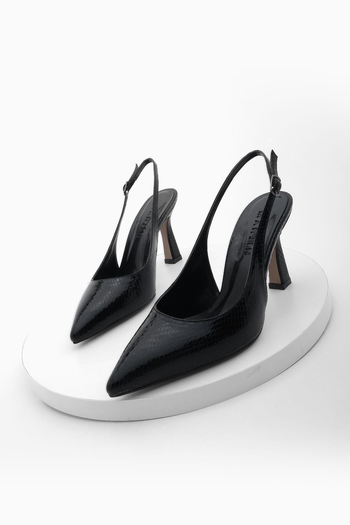 Marjin Kadın Arkası Açık Sivri Burun Abiye Klasik Topuklu Ayakkabı Tosve Siyah