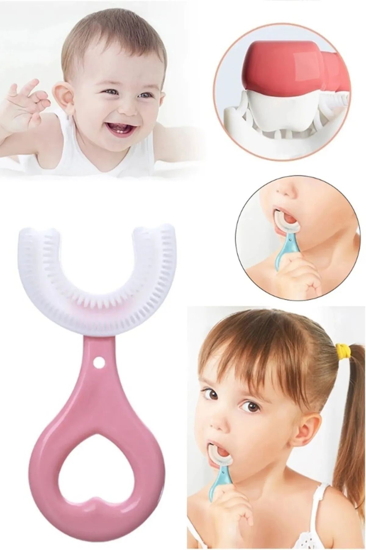 FETHİYE TOPTAN Çocuk Diş Fırçası U Şeklinde Pratik Bebek Diş Fırçası Saplı 2-6 Yaş 360 Derece