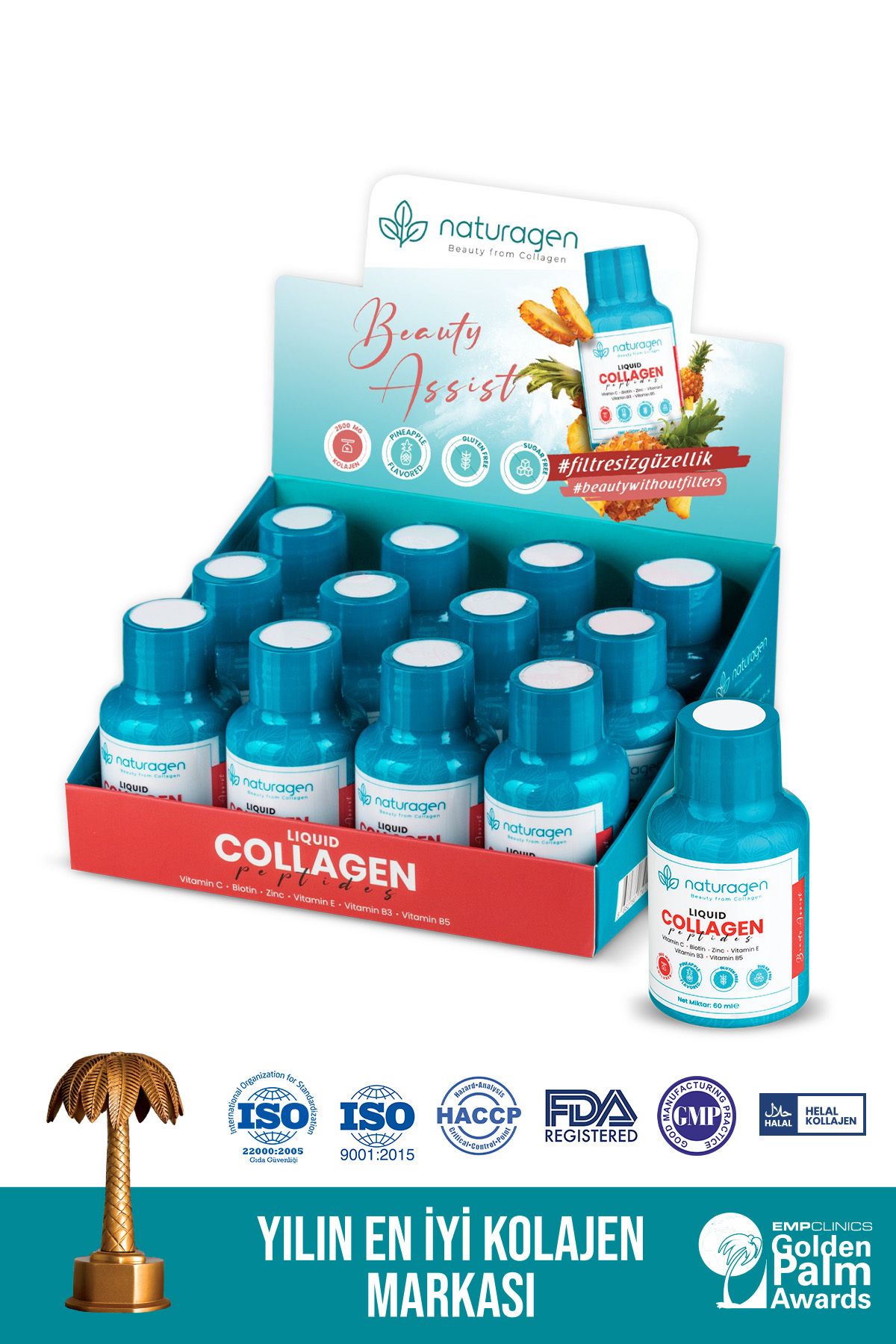 Naturagen Kolajen Ananas Aromalı Likit Collagen Shot 60 ml X12 Adet Şişe Tip 1 & Tip3 Hidrolize Sıvı Collagen