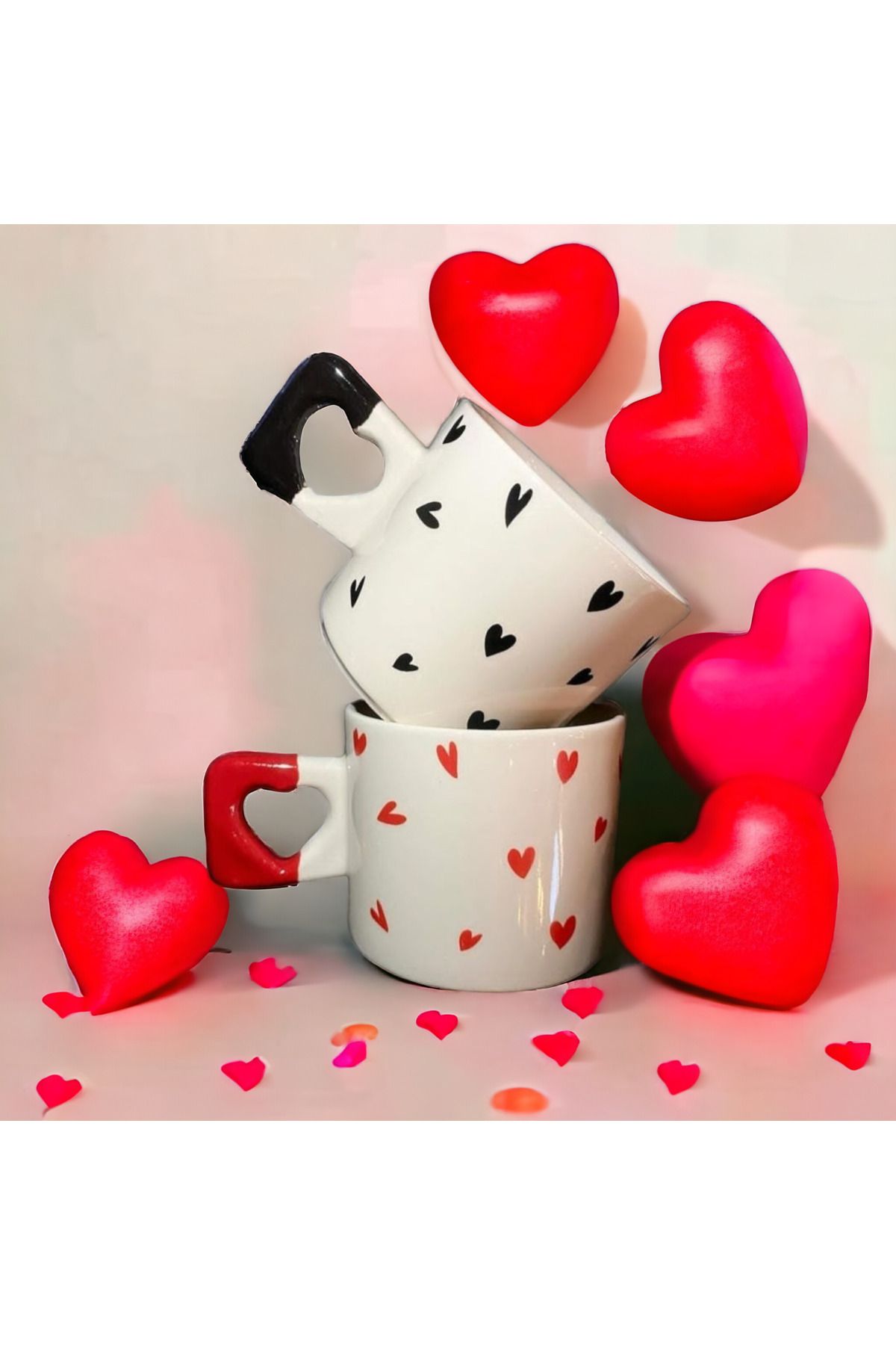 ikiseramik 2'li Siyah & Kırmızı Minimalist Kalp Baskılı Kupa / Mug Set
