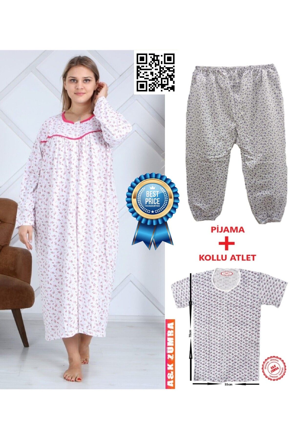 A&K ZÜMRA Kışlık Pamuklu Penye Anne Gecelik+Atlet+Pijama