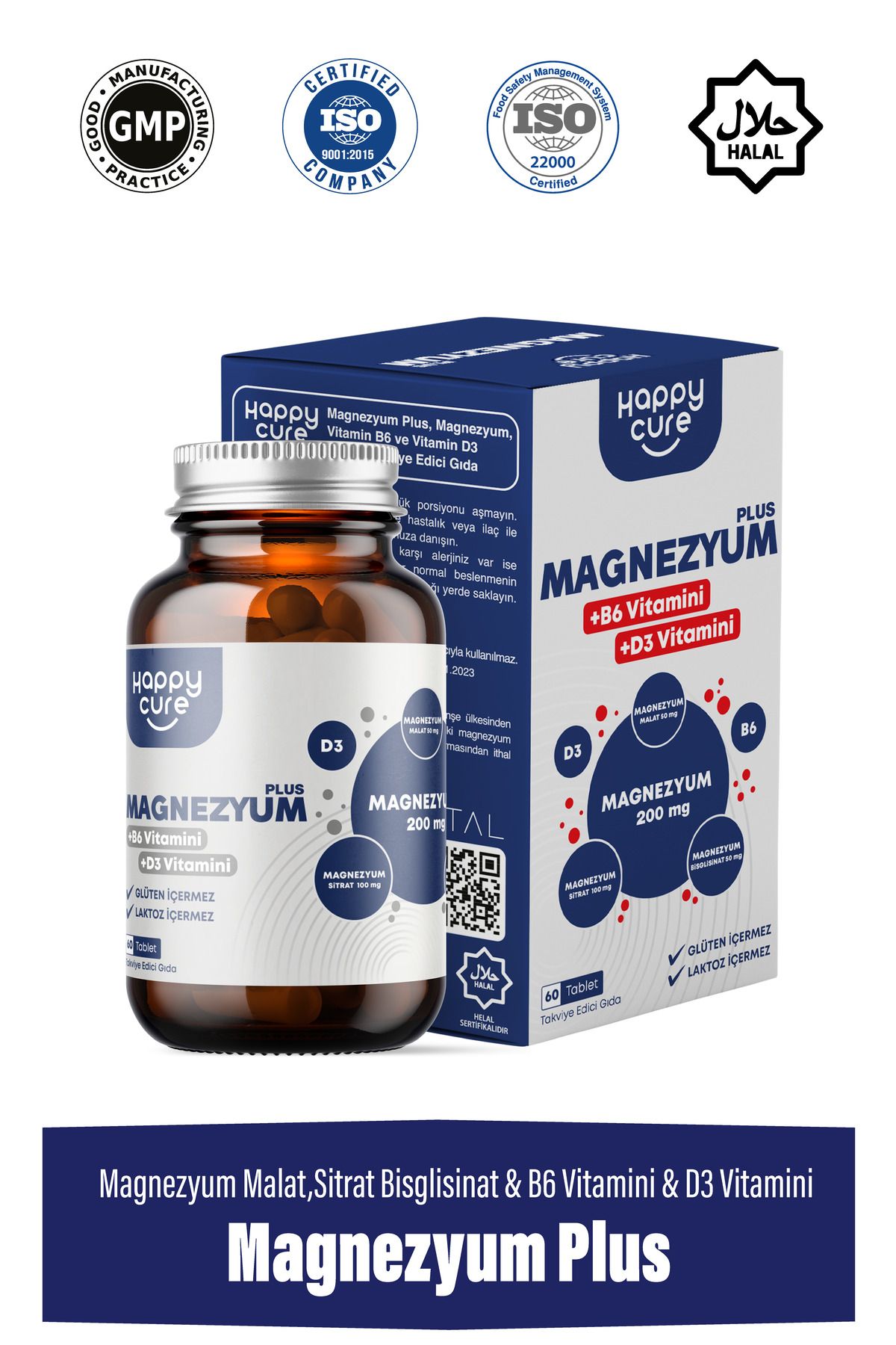 Happy Cure Magnezyum Plus 60 Tablet (Magnezyum Malat, Magnezyum Bisglisinat,Magnezyum Sitrat, B6,D3)