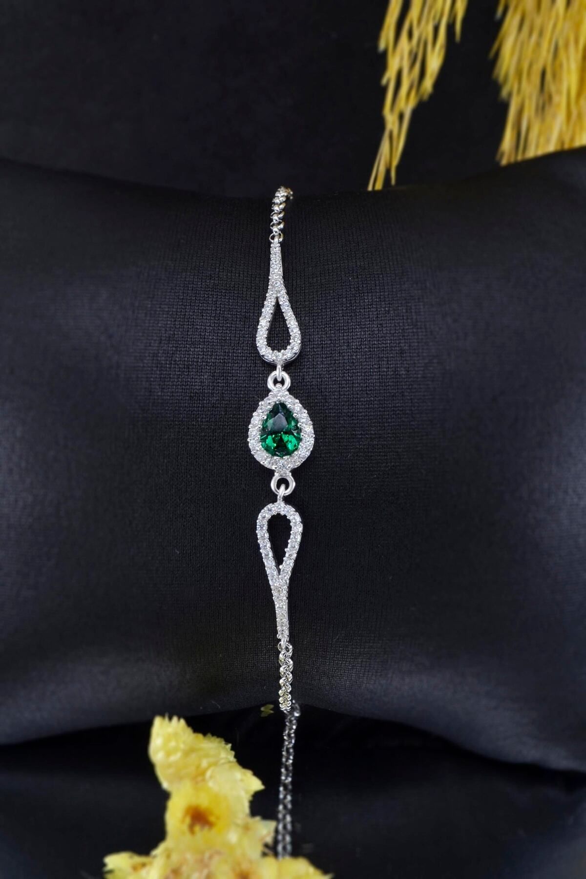 Parmas Design Zümrüt Yeşili Damla Kadın Ayarlanabilir Gümüş Bileklik
