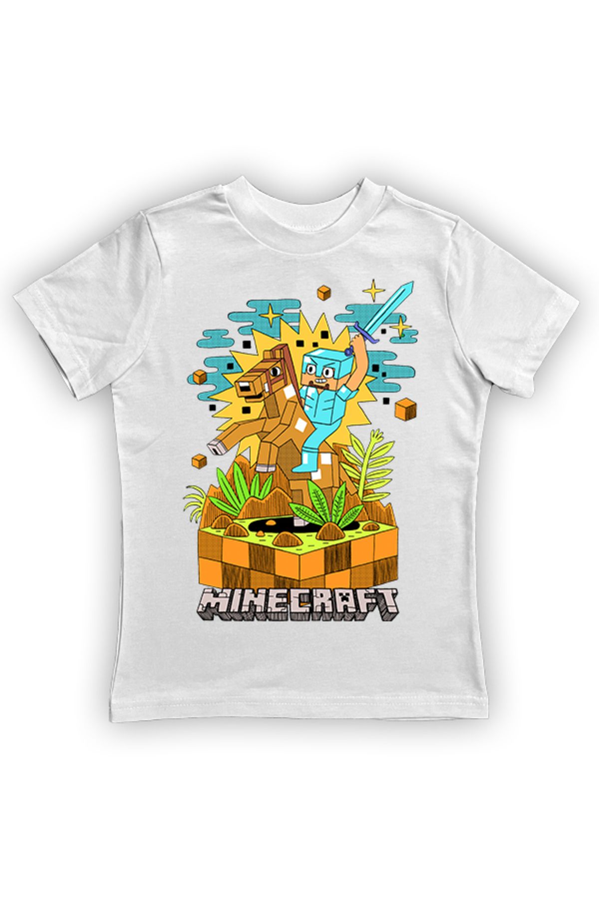 Minecraft baskılı pamuklu penye kumaş yazlık çocuk tişört