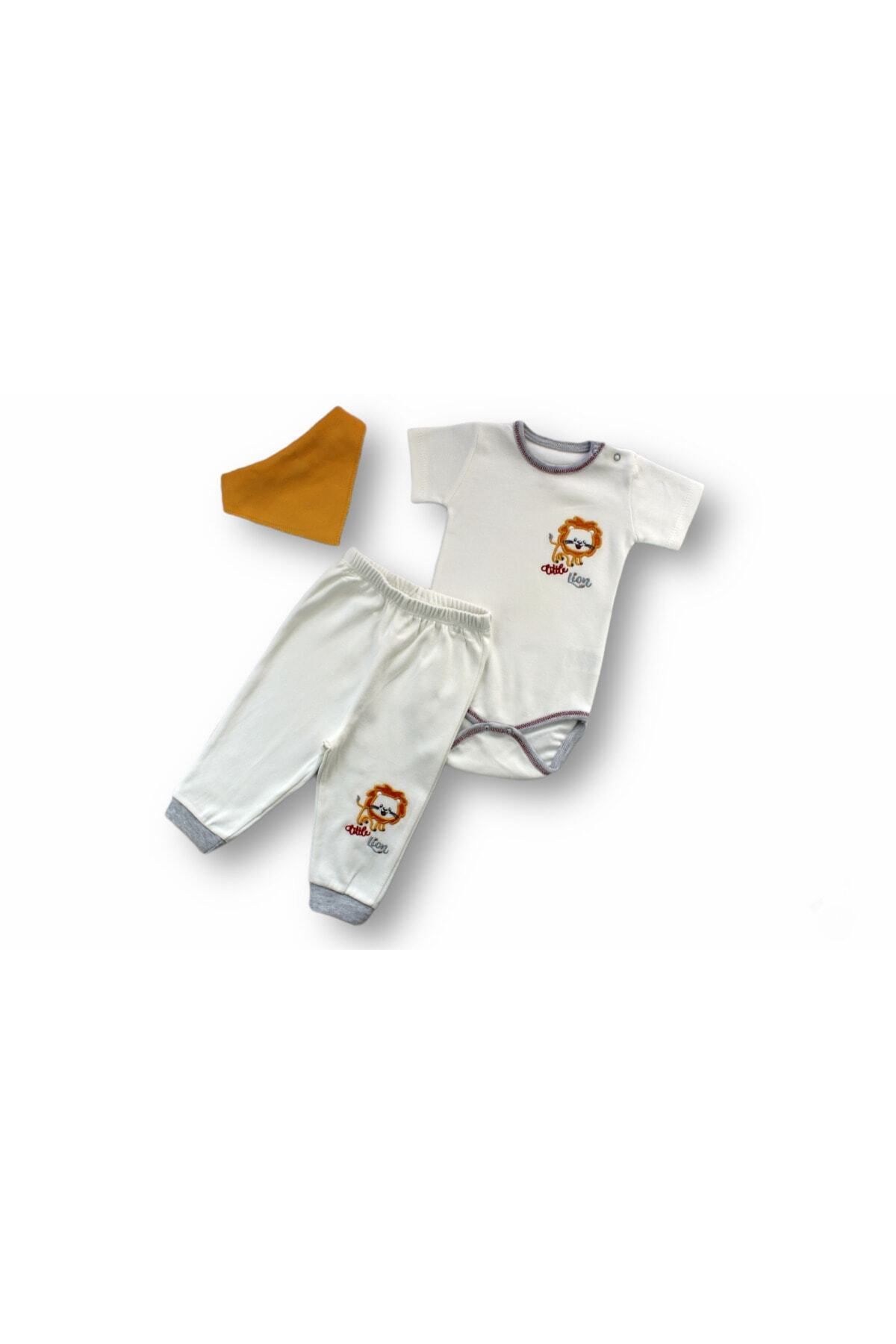 Tomuycuk 3'lü Beyaz Erkek Bebek Çocuk Takım Aslan Nakışlı 3-6-9-12 Ay Bebek Takımları Kıyafetleri Bebek Giyim