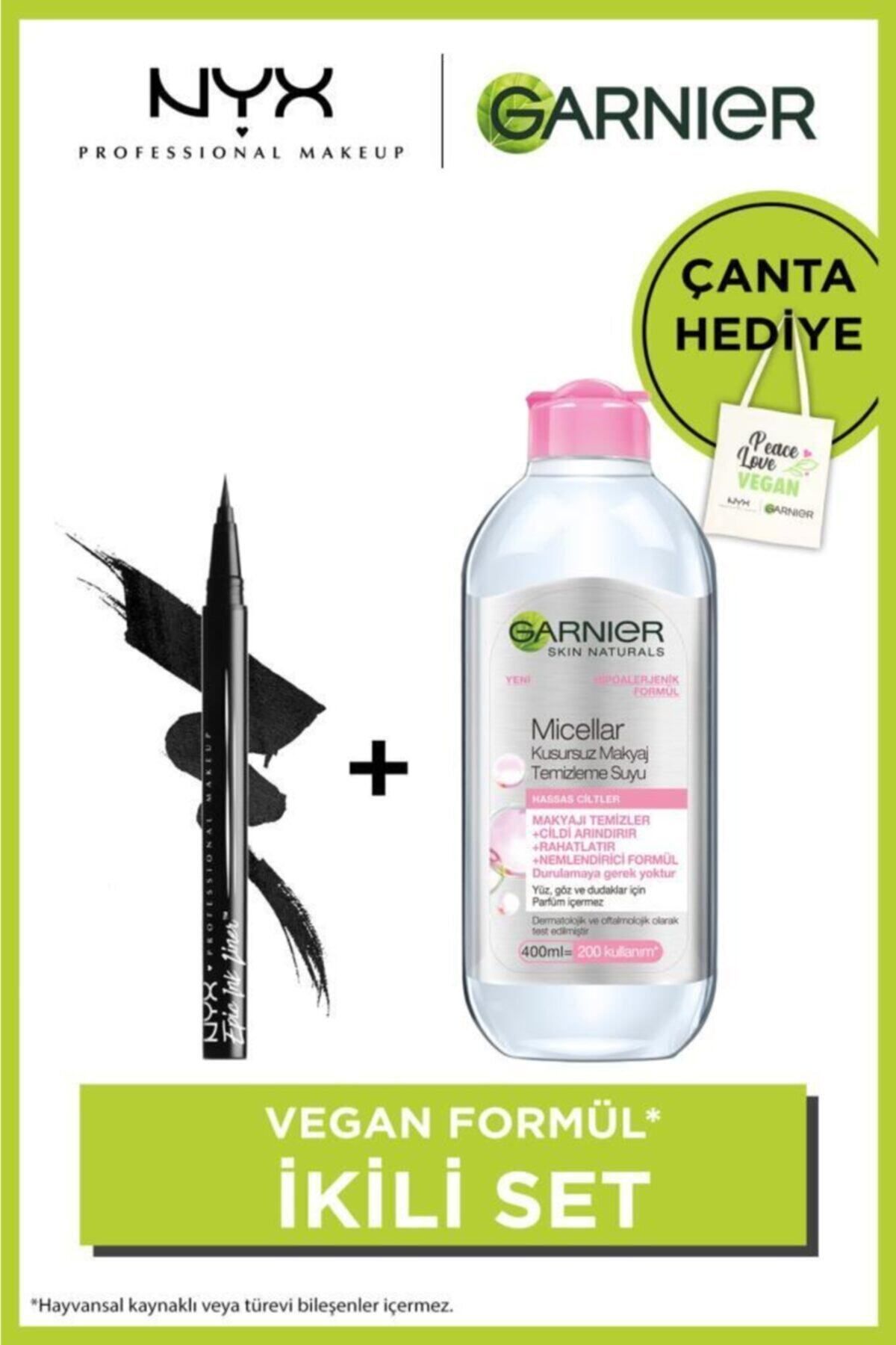 NYX Professional Makeup Vegan Formül Ikili Set - Nyx Epic Ink Siyah Eyeliner & Garnier Micellar Makyaj Temizleme Suyu 400 Ml