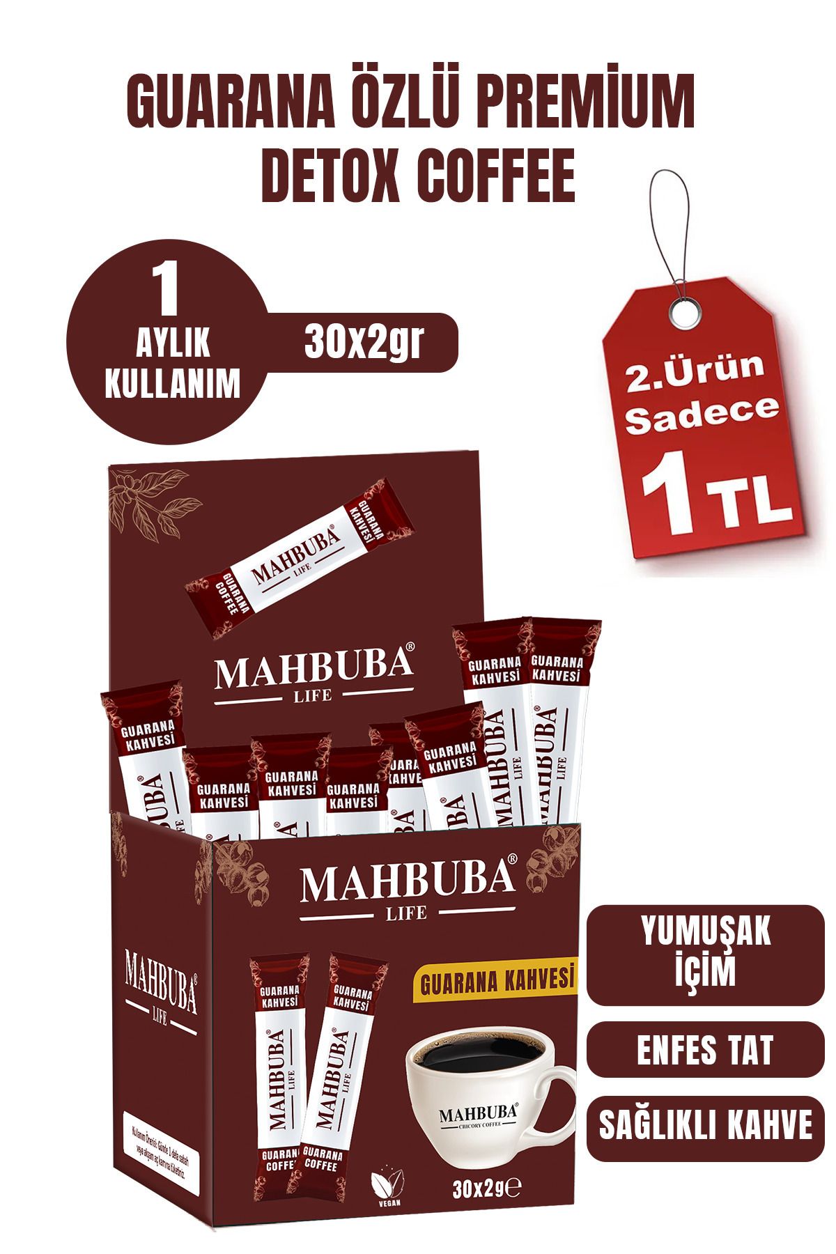 Mahbuba Life Guarana Özlü Premium Detoks Diyet Zayıflama Kahvesi Gün Boyu Enerji 30x2gr 1 Aylık Kullanım
