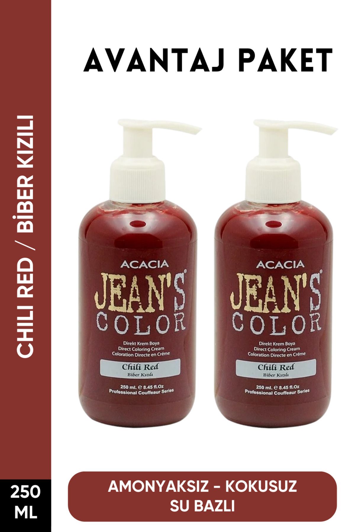 jeans color Amonyaksız Biber Kızılı Renkli Saç Boyası 250 Ml x2 Adet Kokusuz Su Bazlı Chili Red Hair Dye