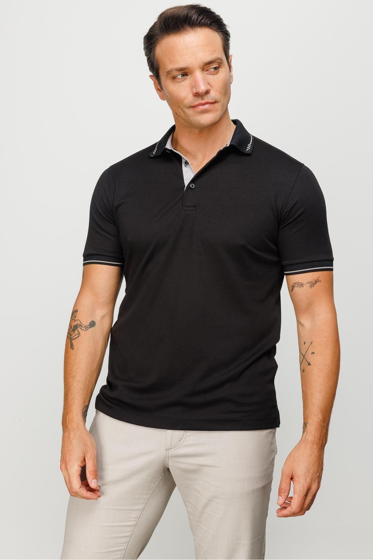 Desen Triko Erkek Polo Yaka Yakası Ve Kolu Triko T-shirt Siyah