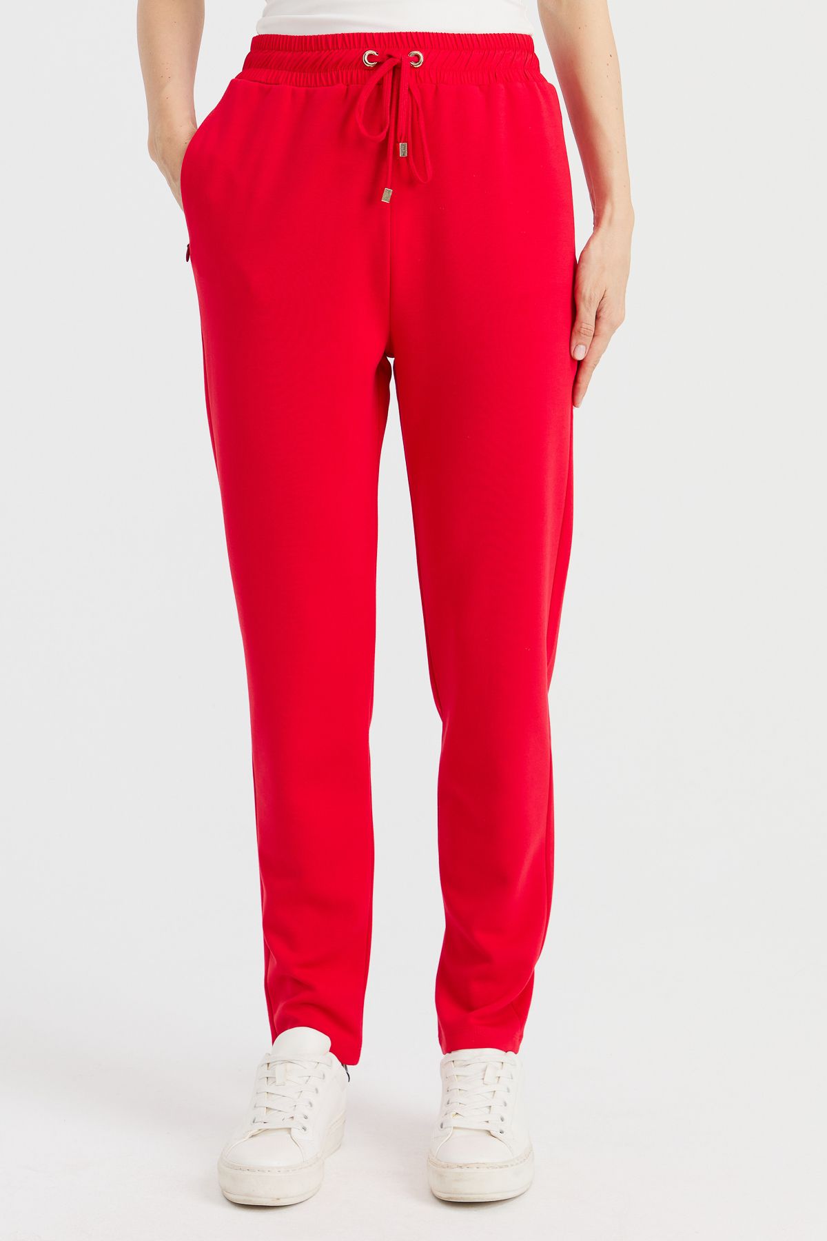 Desen Triko Kadın Cepli Eşofman Pantolon Kırmızı
