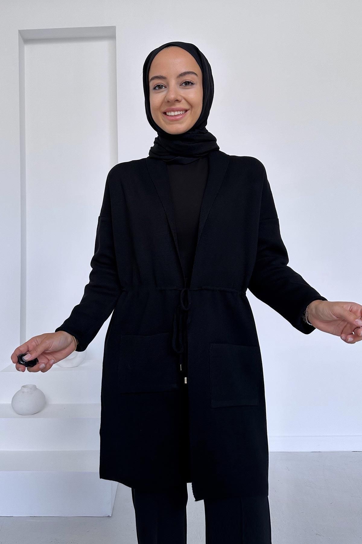 Ka Hijab Belden Bağlamalı Çift Cep Merserize Hırka - Siyah