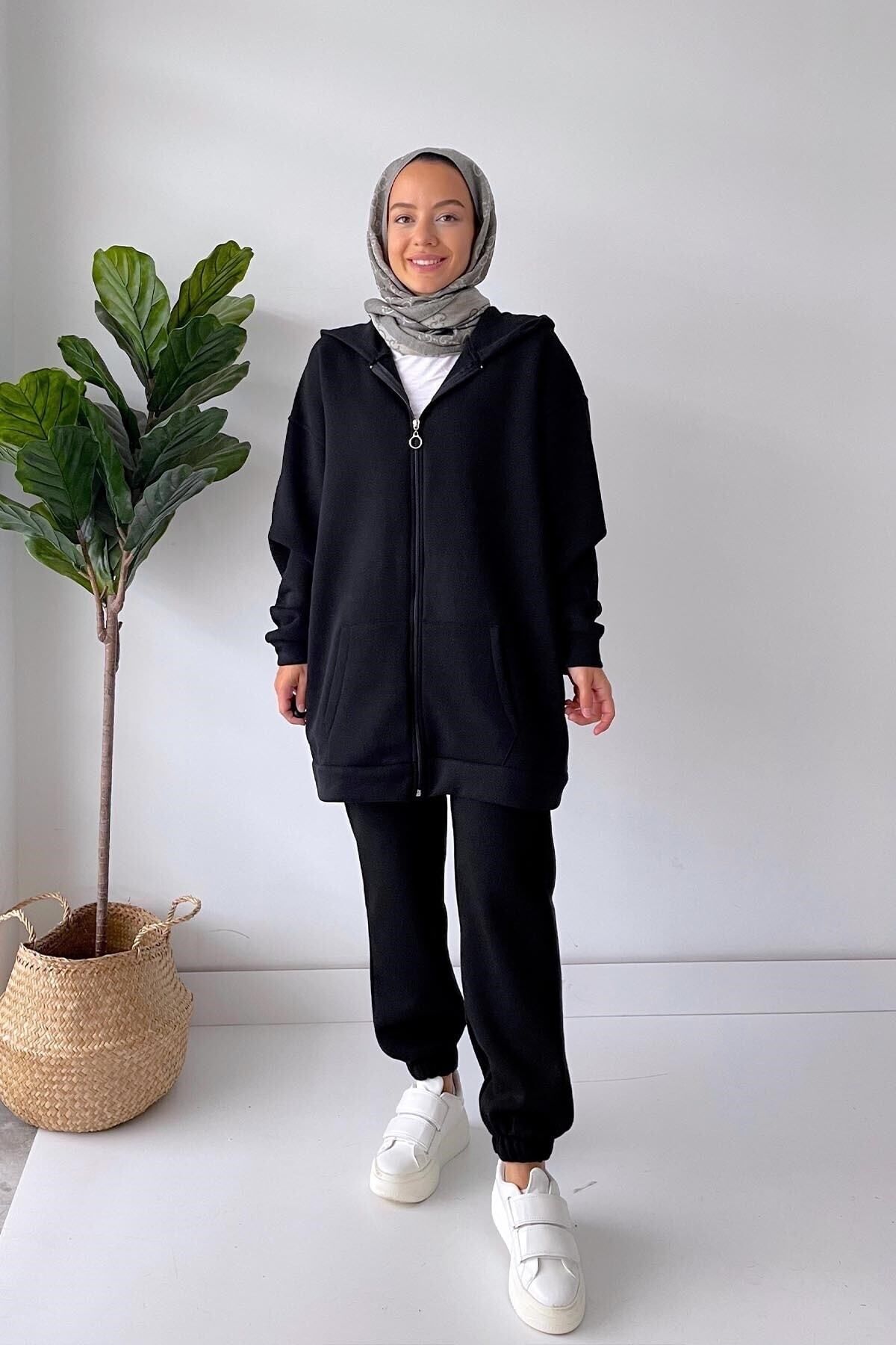 Ka Hijab Kapüşonlu Şardonlu Tesettür Eşofman Takımı - Siyah