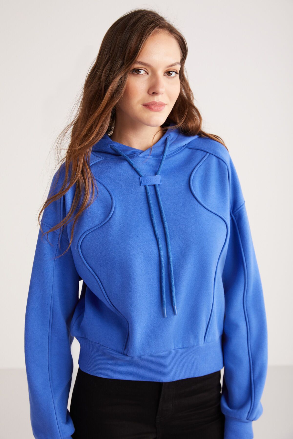 GRIMELANGE Kennedy Kadın Içi Polarlı Yumuşacık Kapüşonlu Biye Detaylı Comfort Fit Mavi Sweatshirt